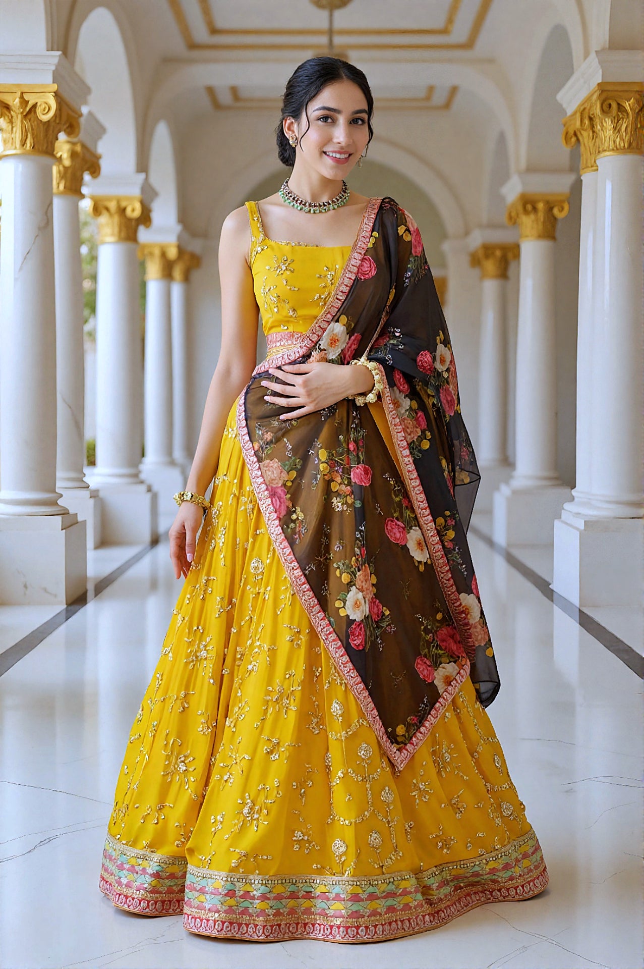 Yellow Embroidered Georgette Lehenga (Side)
