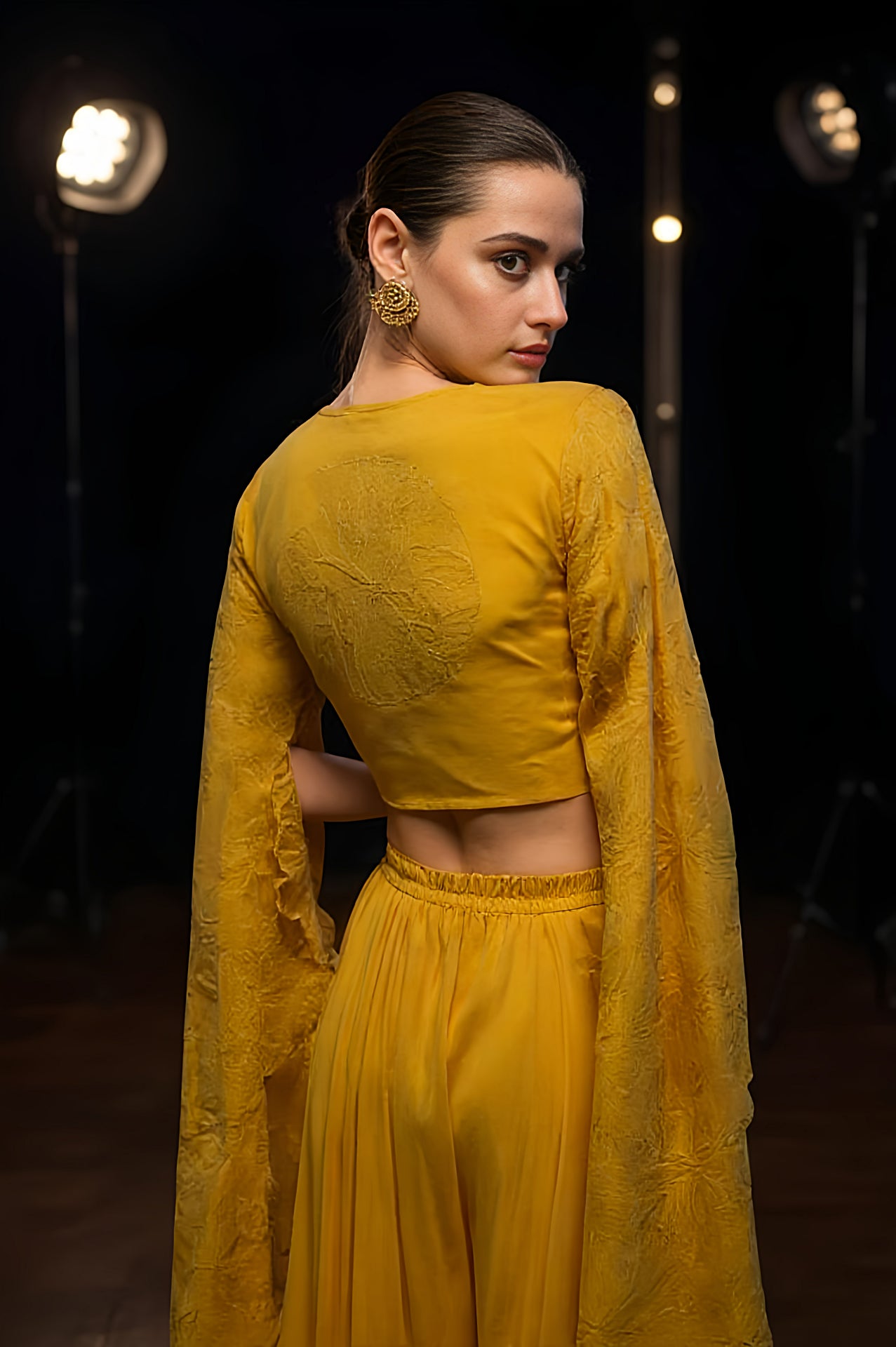 Yellow Embroidered Silk Palazzo Suit (Back)
