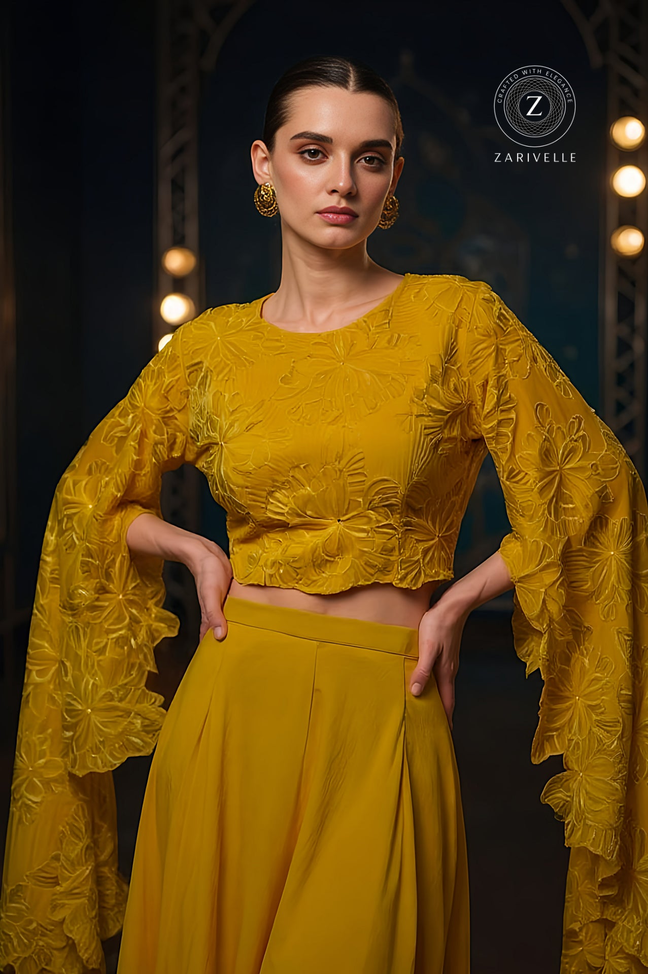 Yellow Embroidered Silk Palazzo Suit (Front)