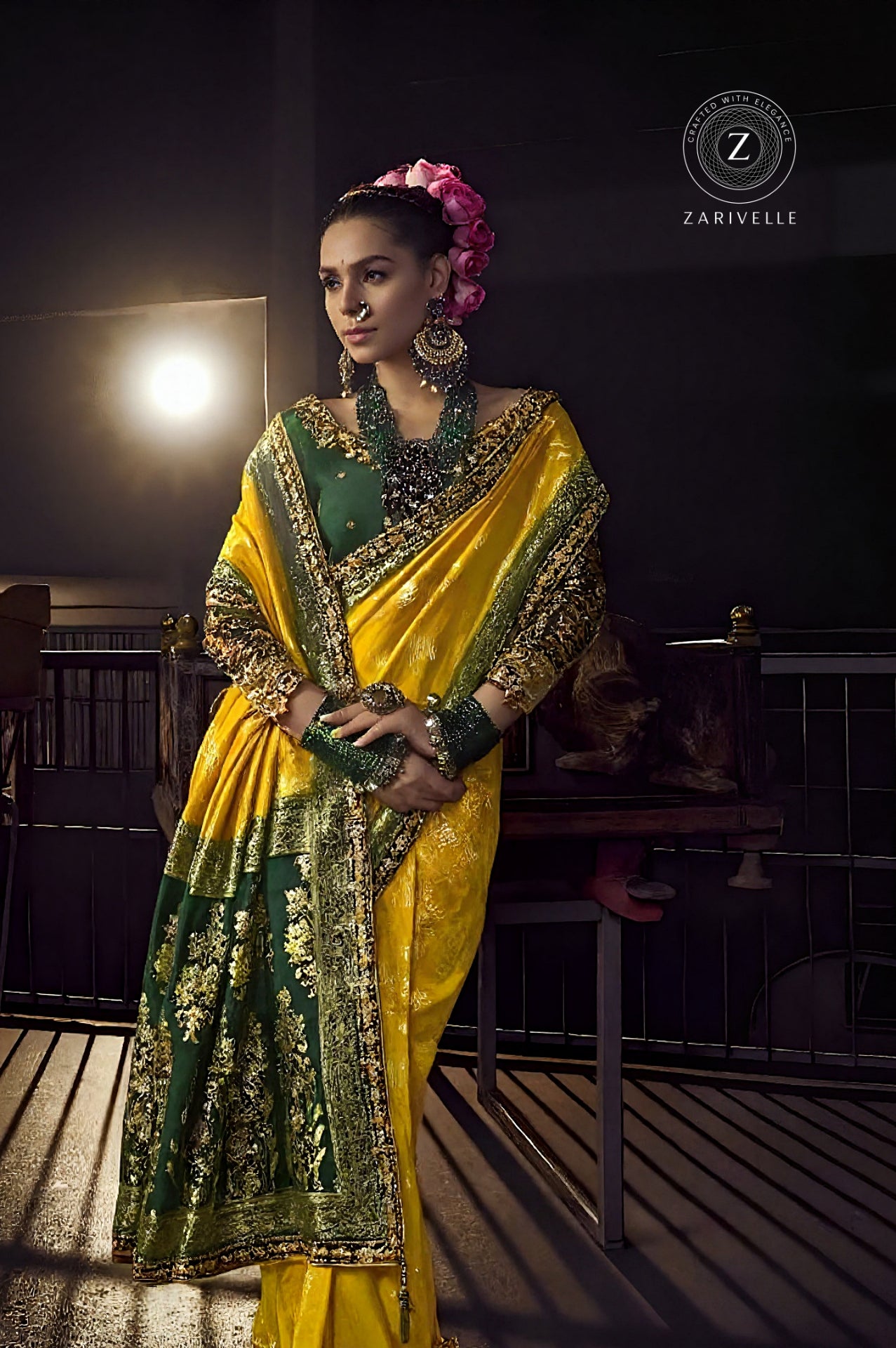 Yellow Heavy Embroidered Viscose Saree (Front)