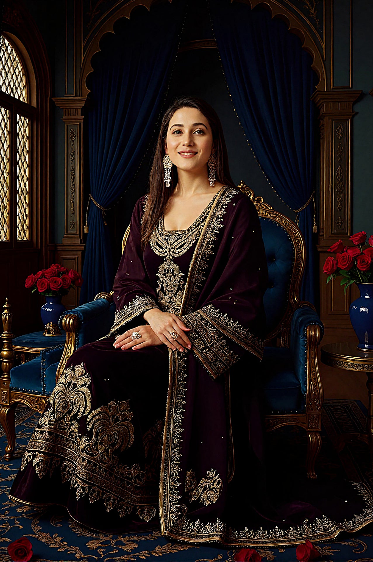 Wine Embroidered Silk Palazzo Suit