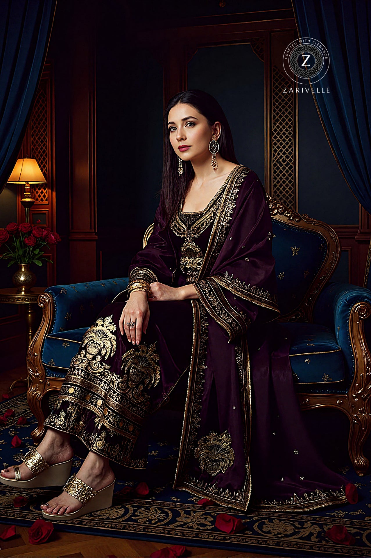 Wine Embroidered Silk Palazzo Suit