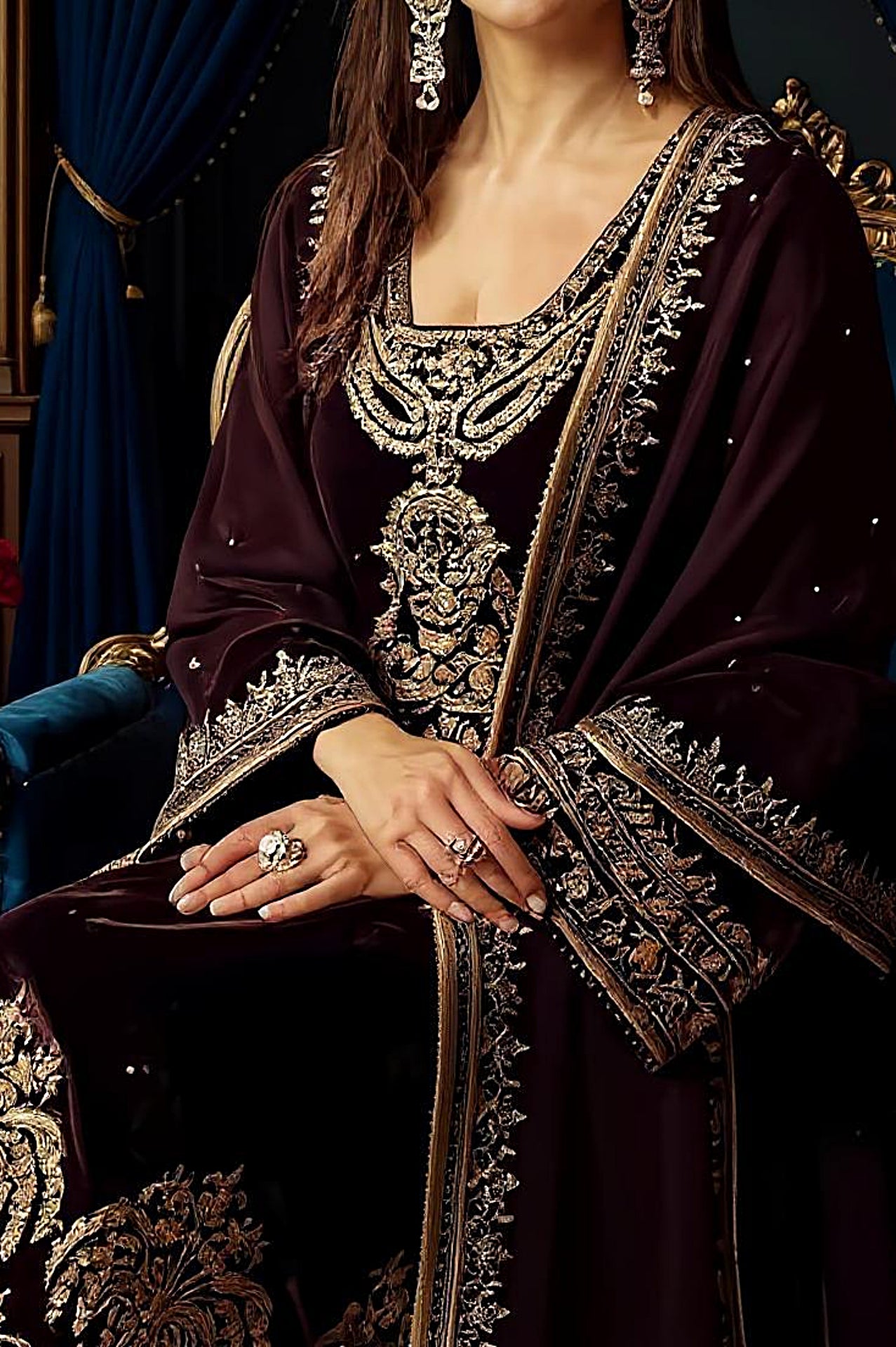Wine Embroidered Silk Palazzo Suit