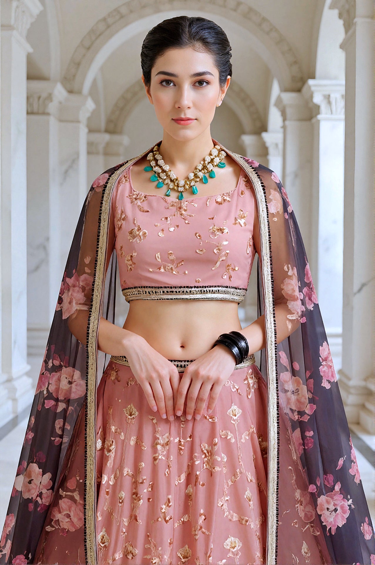 Beige Embroidered Georgette Lehenga (Close up)