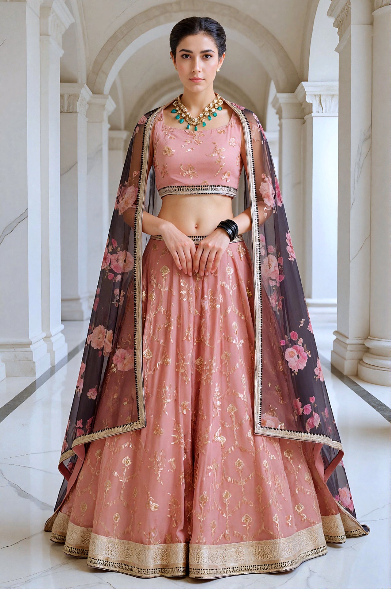 Beige Embroidered Georgette Lehenga (Front)