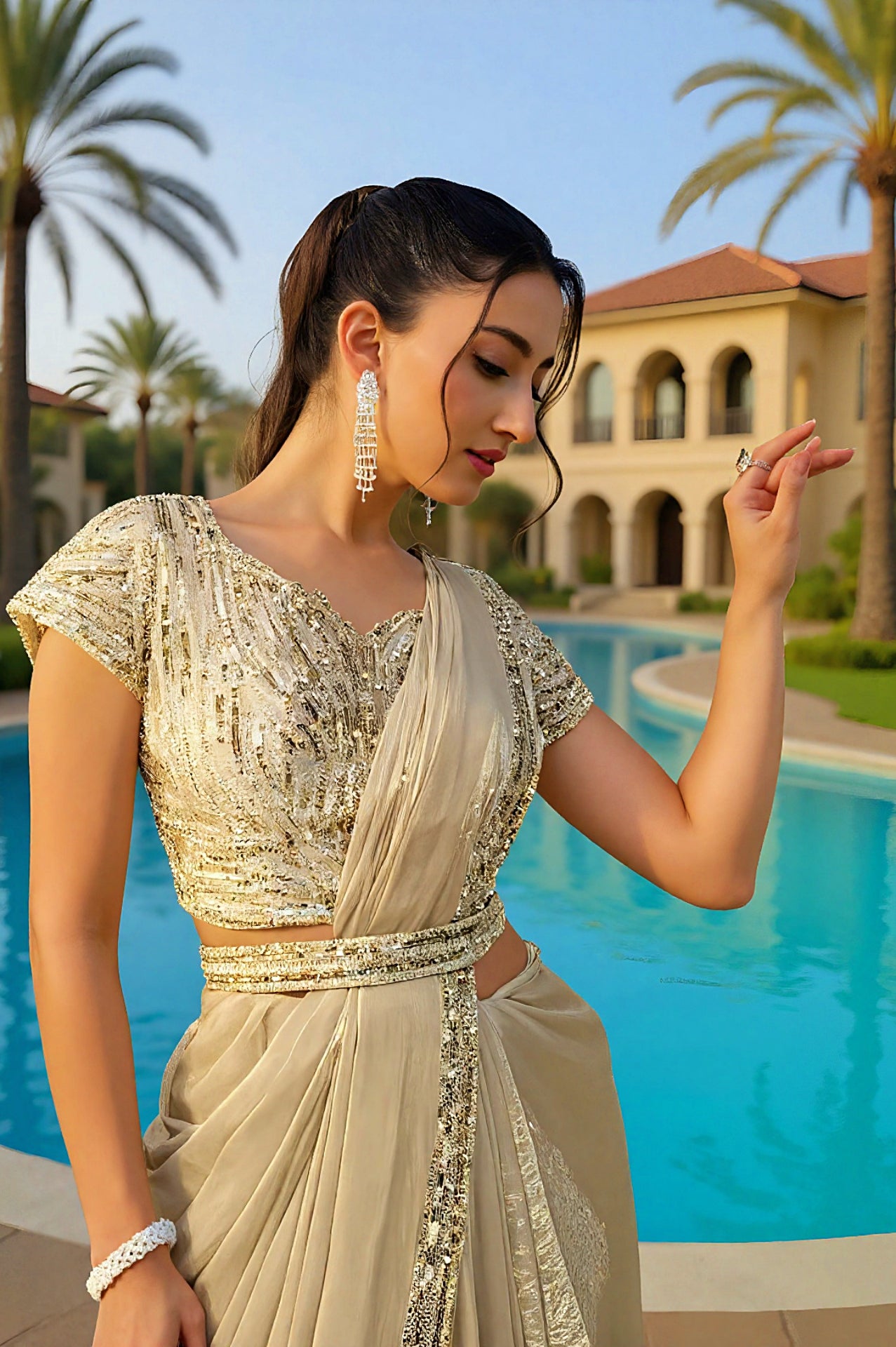 Beige Embroidered Silk Saree (Side)