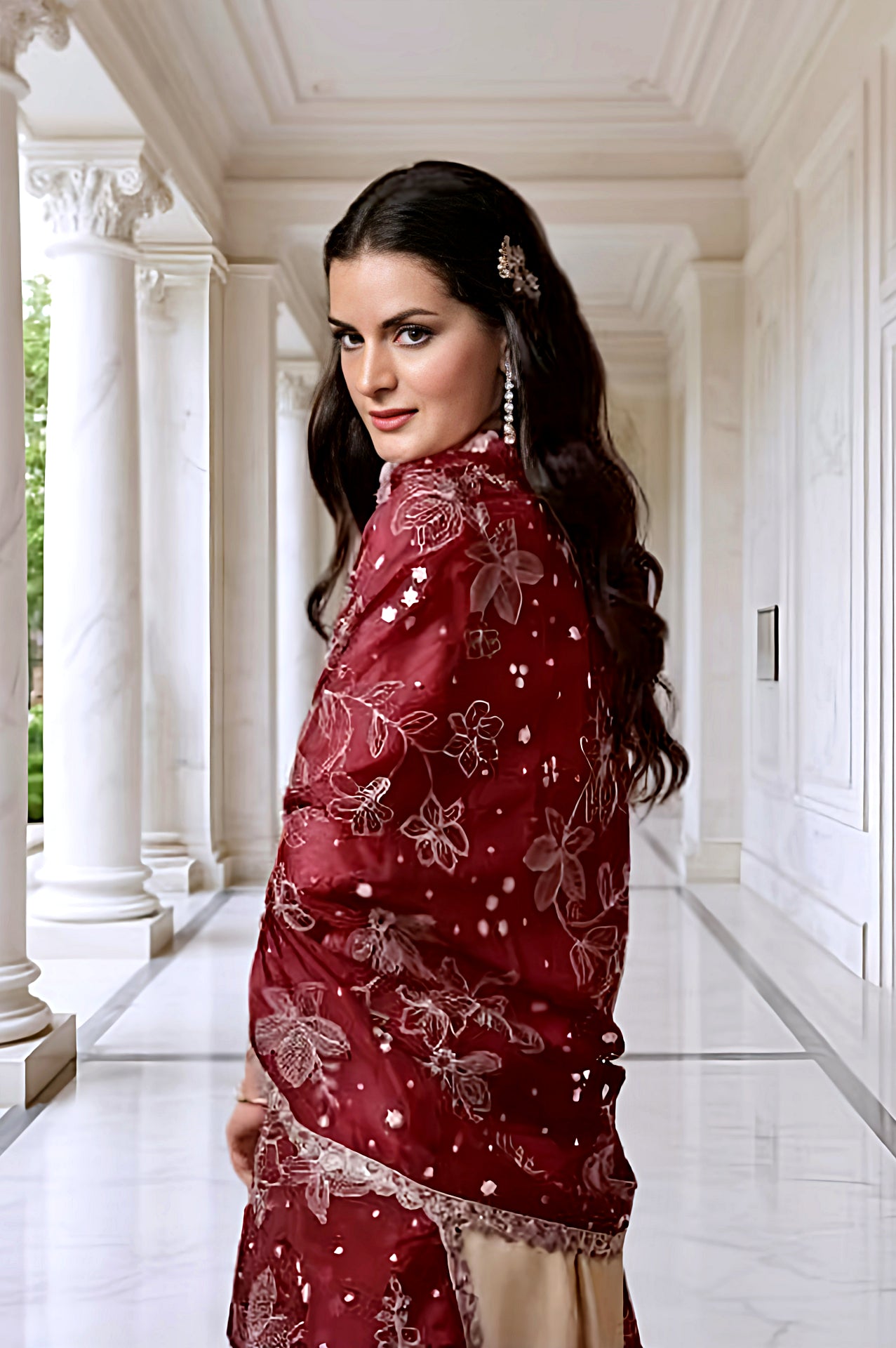 Beige and Red Embroidered Satin Straight Suit (Back)