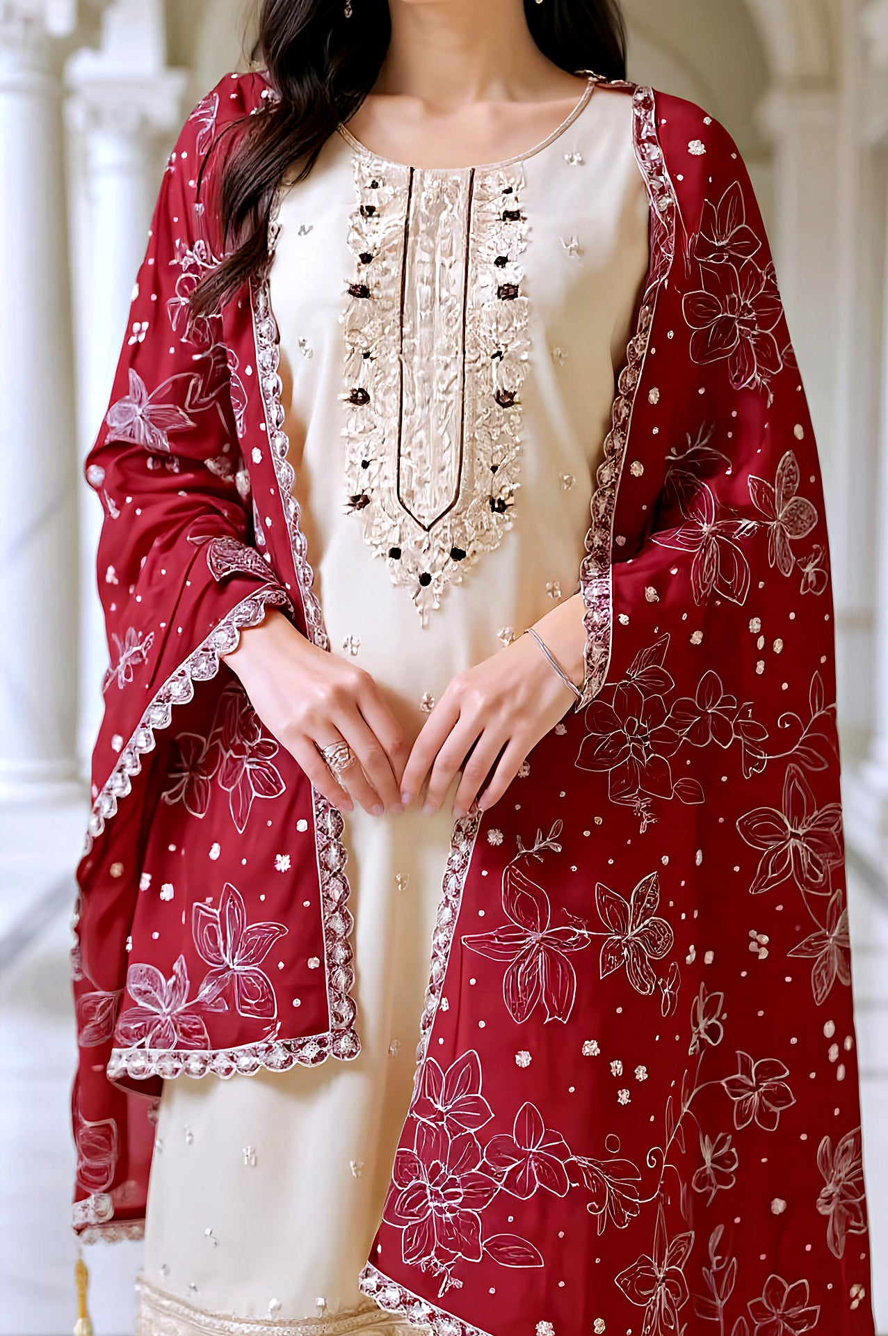 Beige and Red Embroidered Satin Straight Suit (Close up)