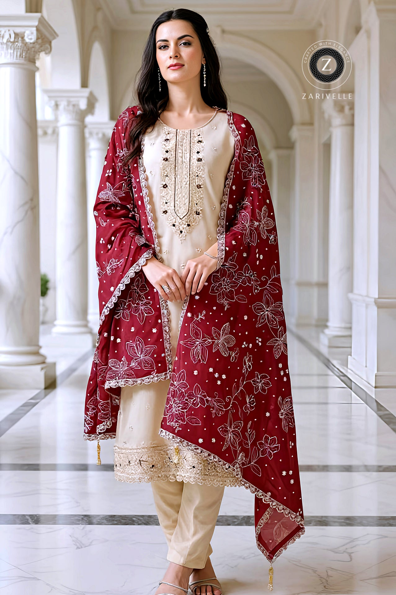 Beige and Red Embroidered Satin Straight Suit (Front)