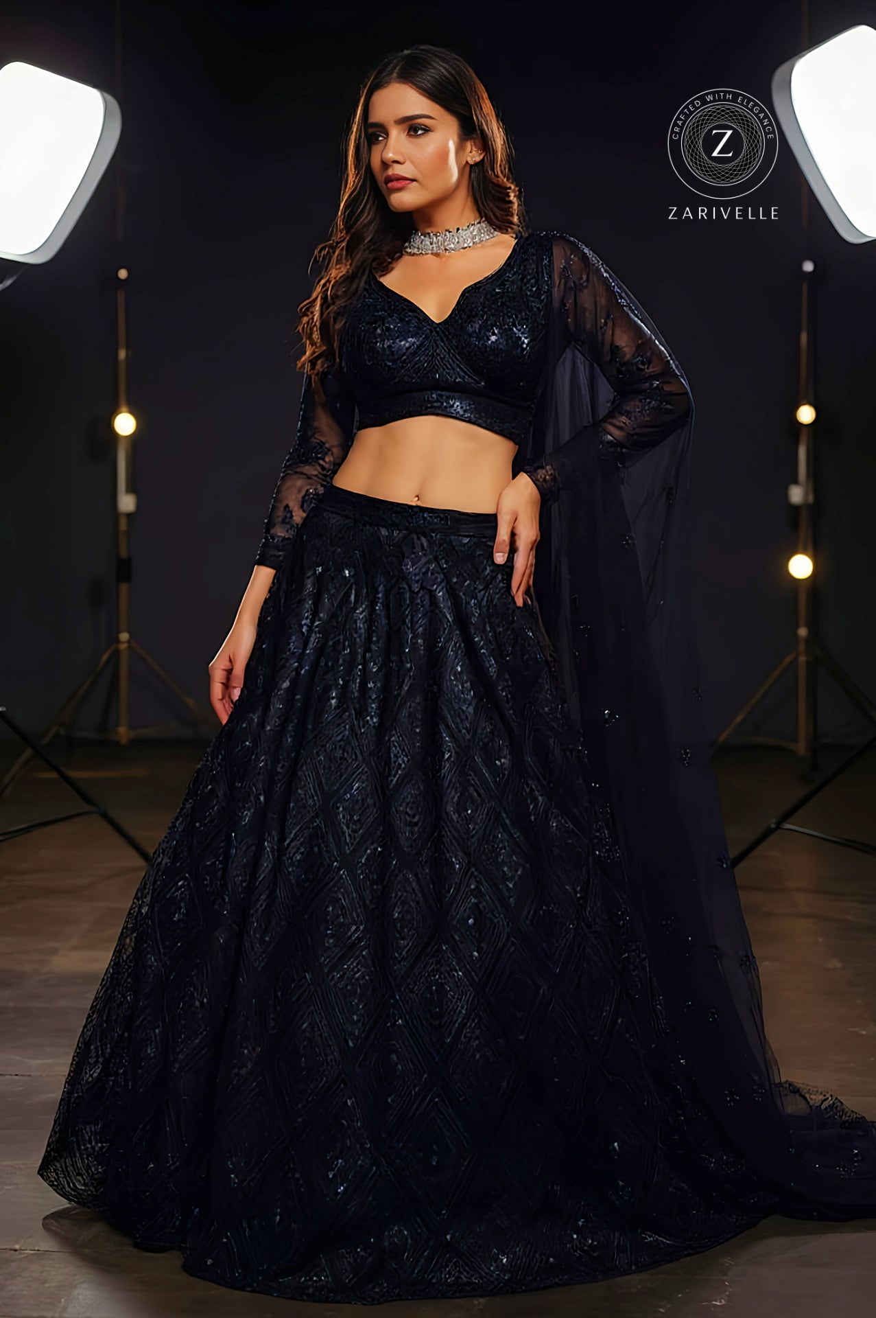 Black Embroidered Georgette Lehenga (Front)
