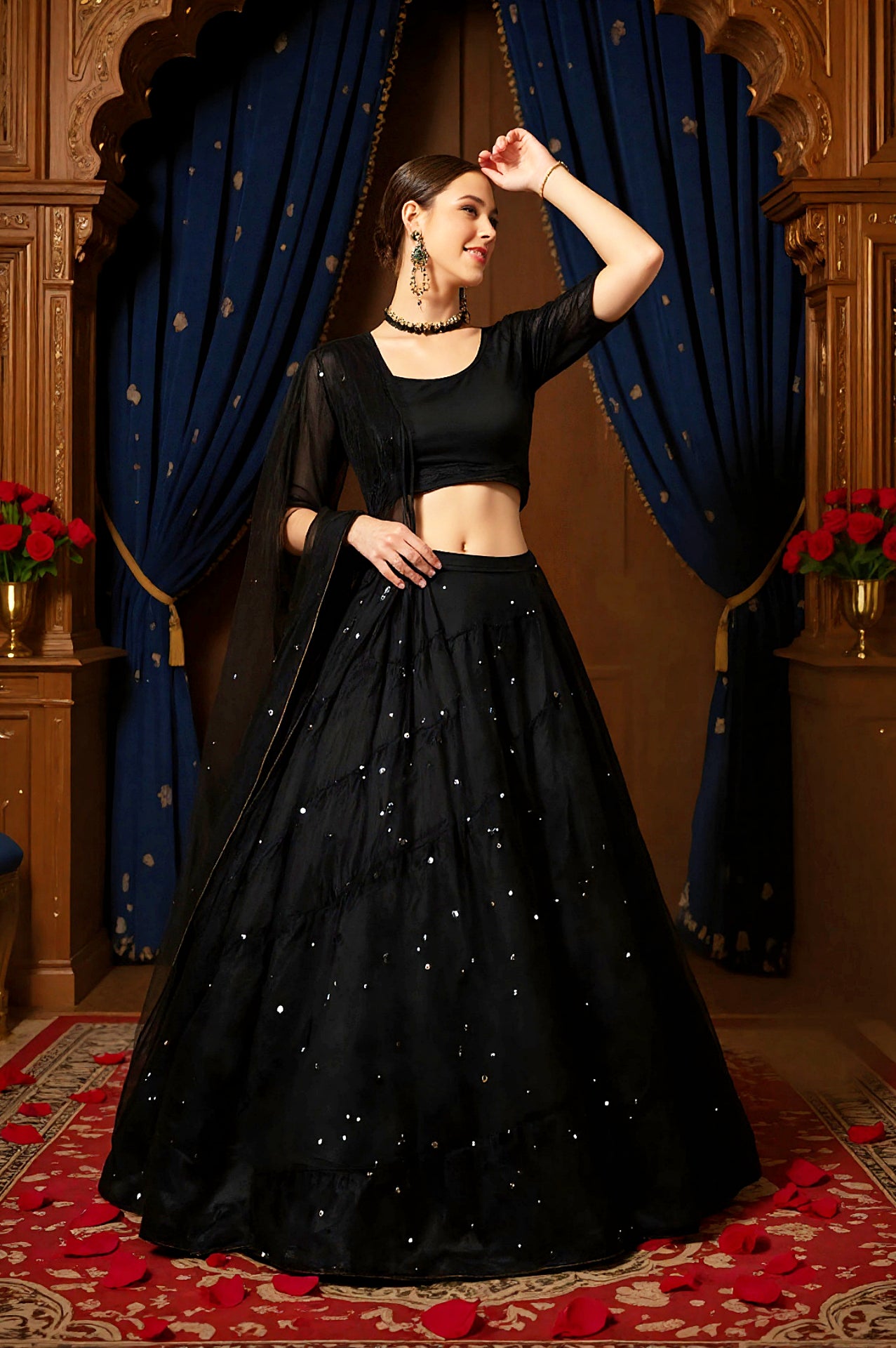 Black Embroidered Premium Net Lehenga (Front)