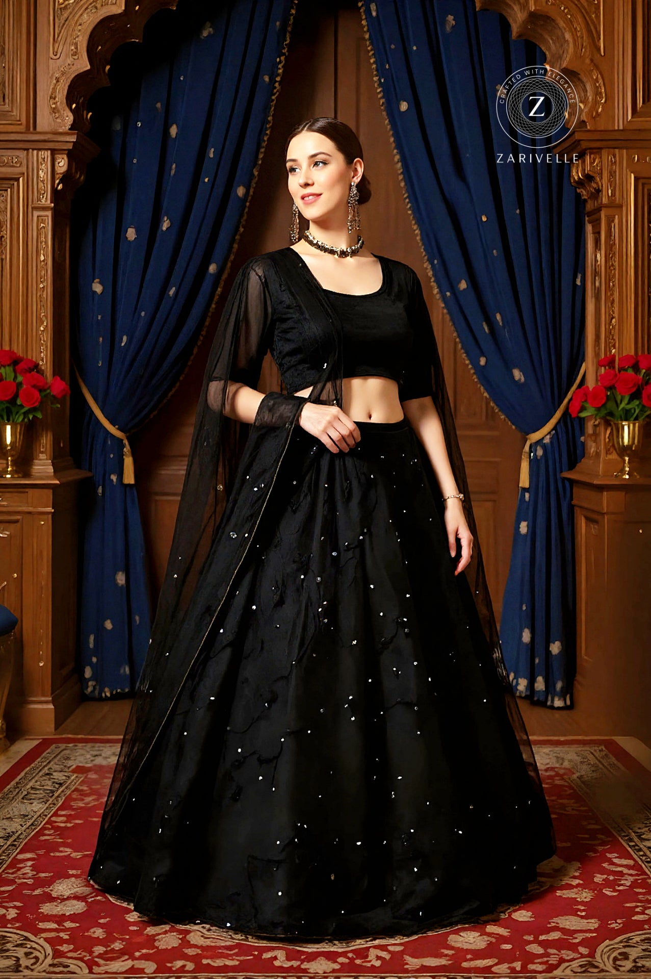 Black Embroidered Premium Net Lehenga (Side)