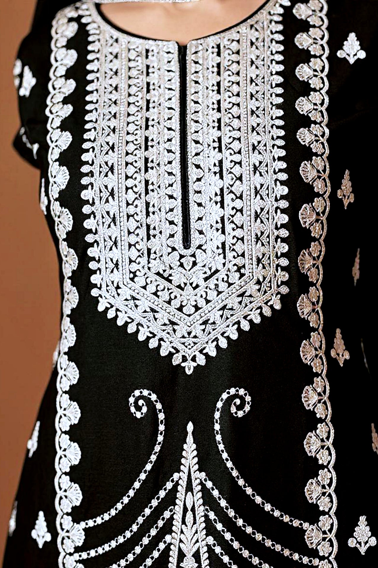 Black Embroidered Premium Silk Palazzo Suit (Close up)
