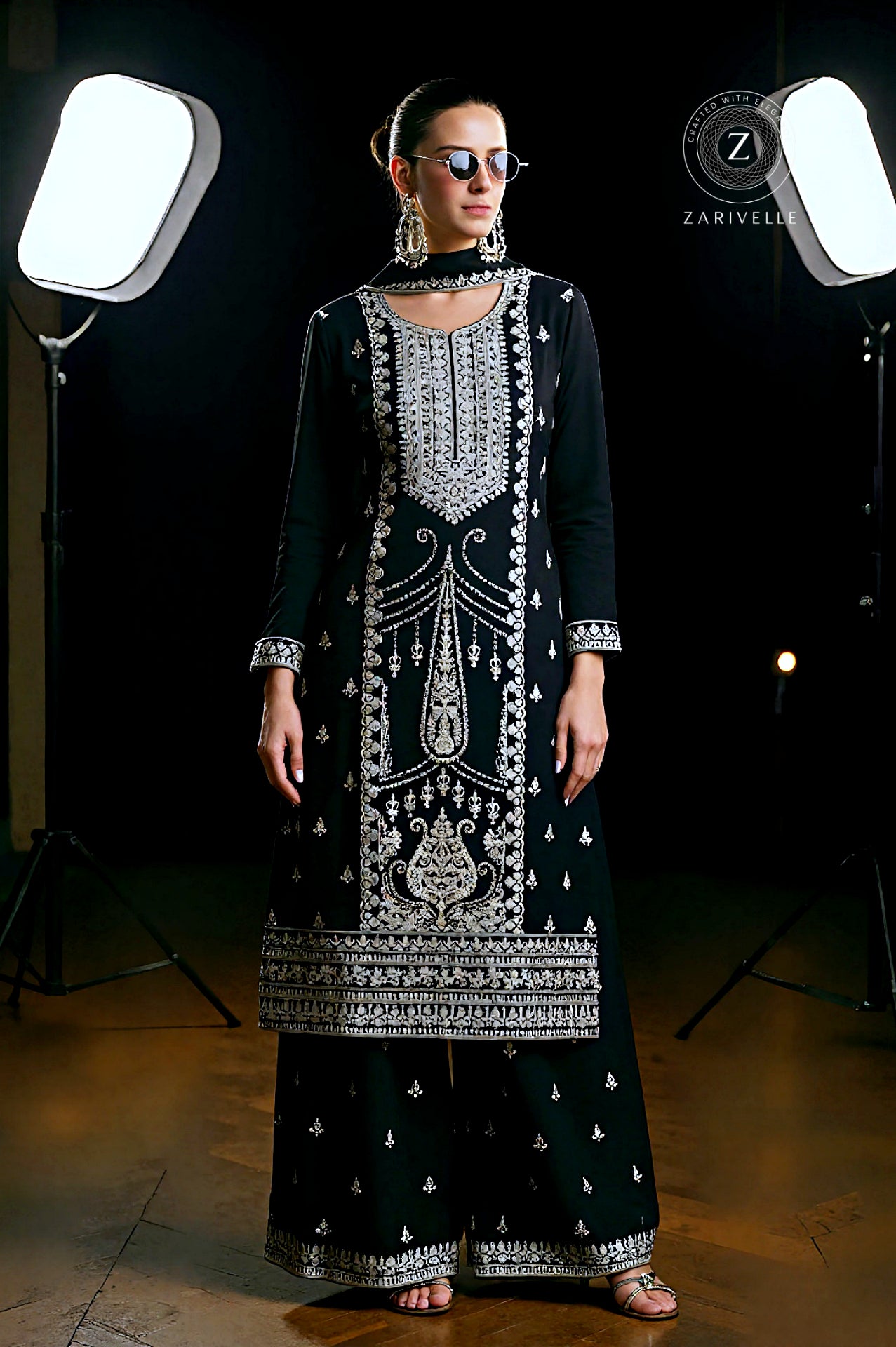 Black Embroidered Premium Silk Palazzo Suit (Front)