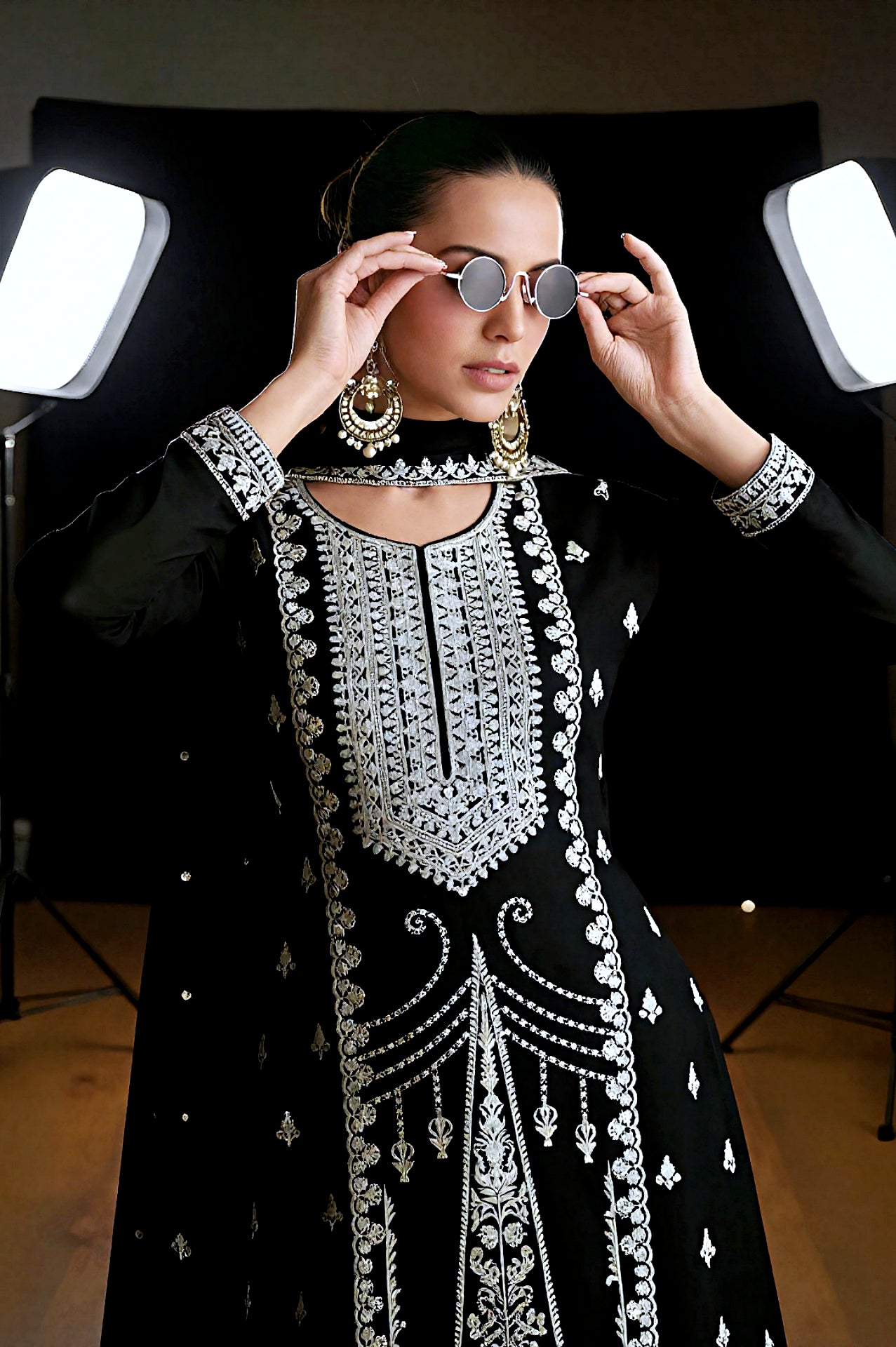 Black Embroidered Premium Silk Palazzo Suit (Side)