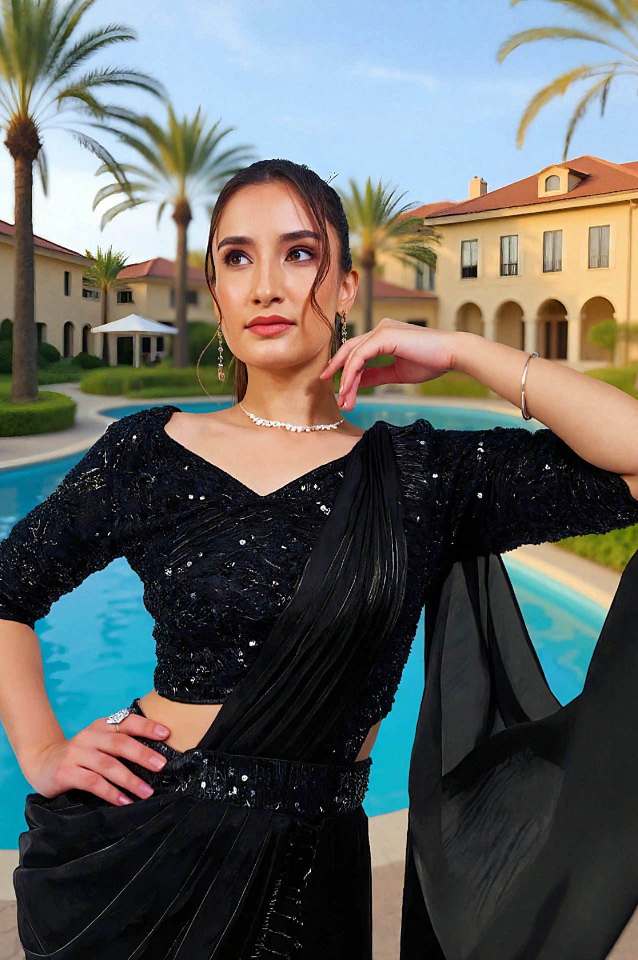 Black Embroidered Silk Saree (Front)