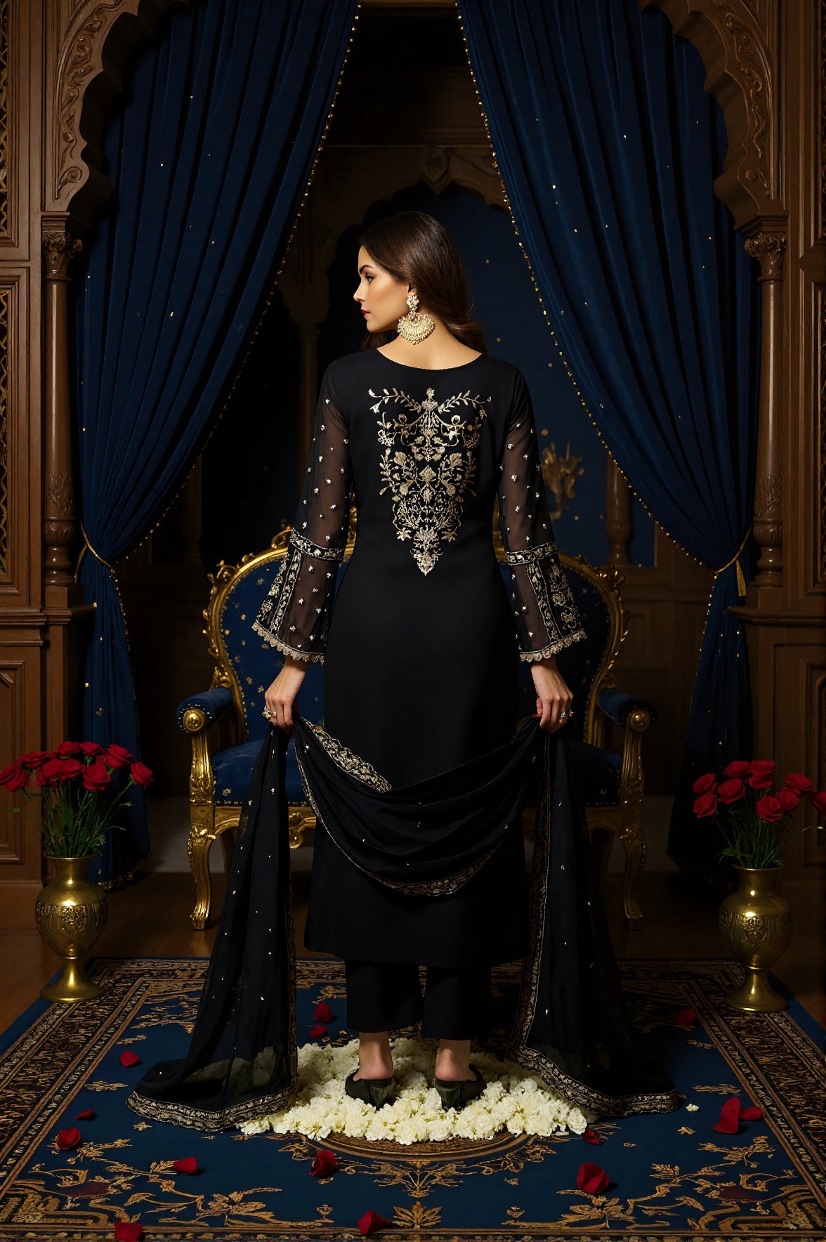 Black Georgette Embroidered Straight Suit (Back view)