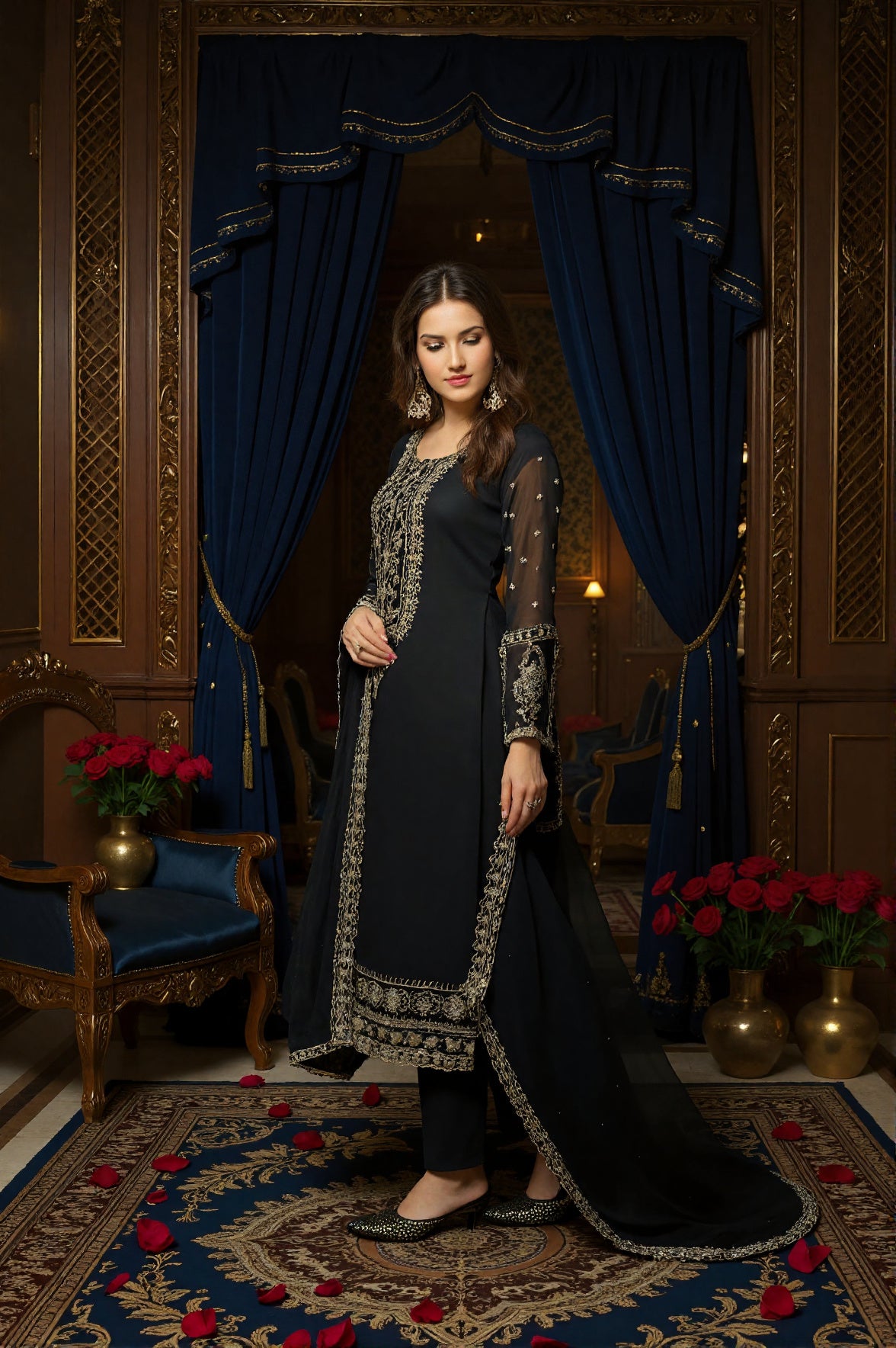 Black Georgette Embroidered Straight Suit (Side view)