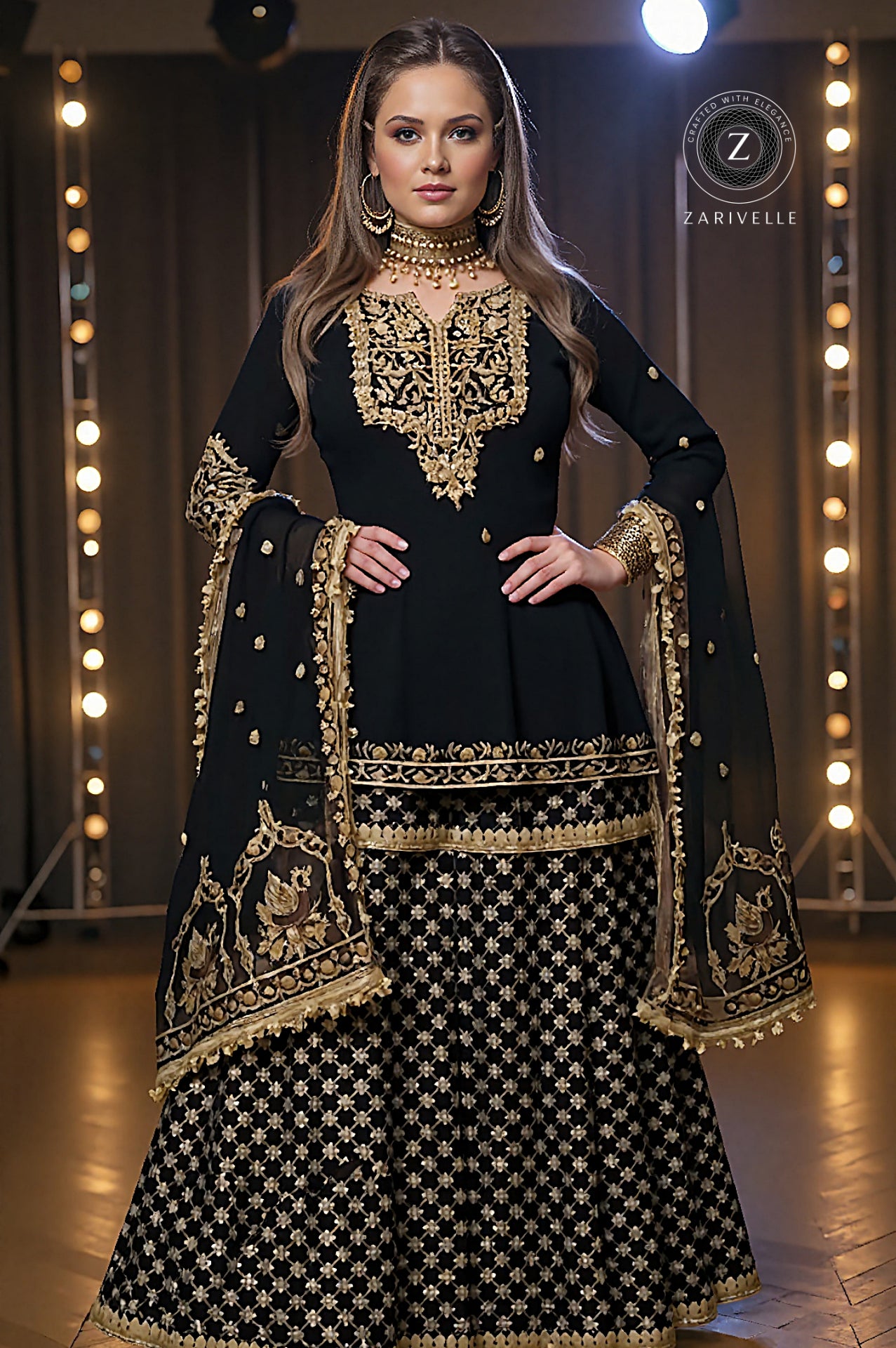Black Georgette Sharara Palazzo Suit (Front)