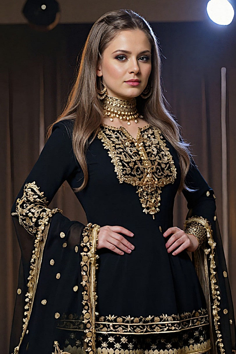Black Georgette Sharara Palazzo Suit (Side)