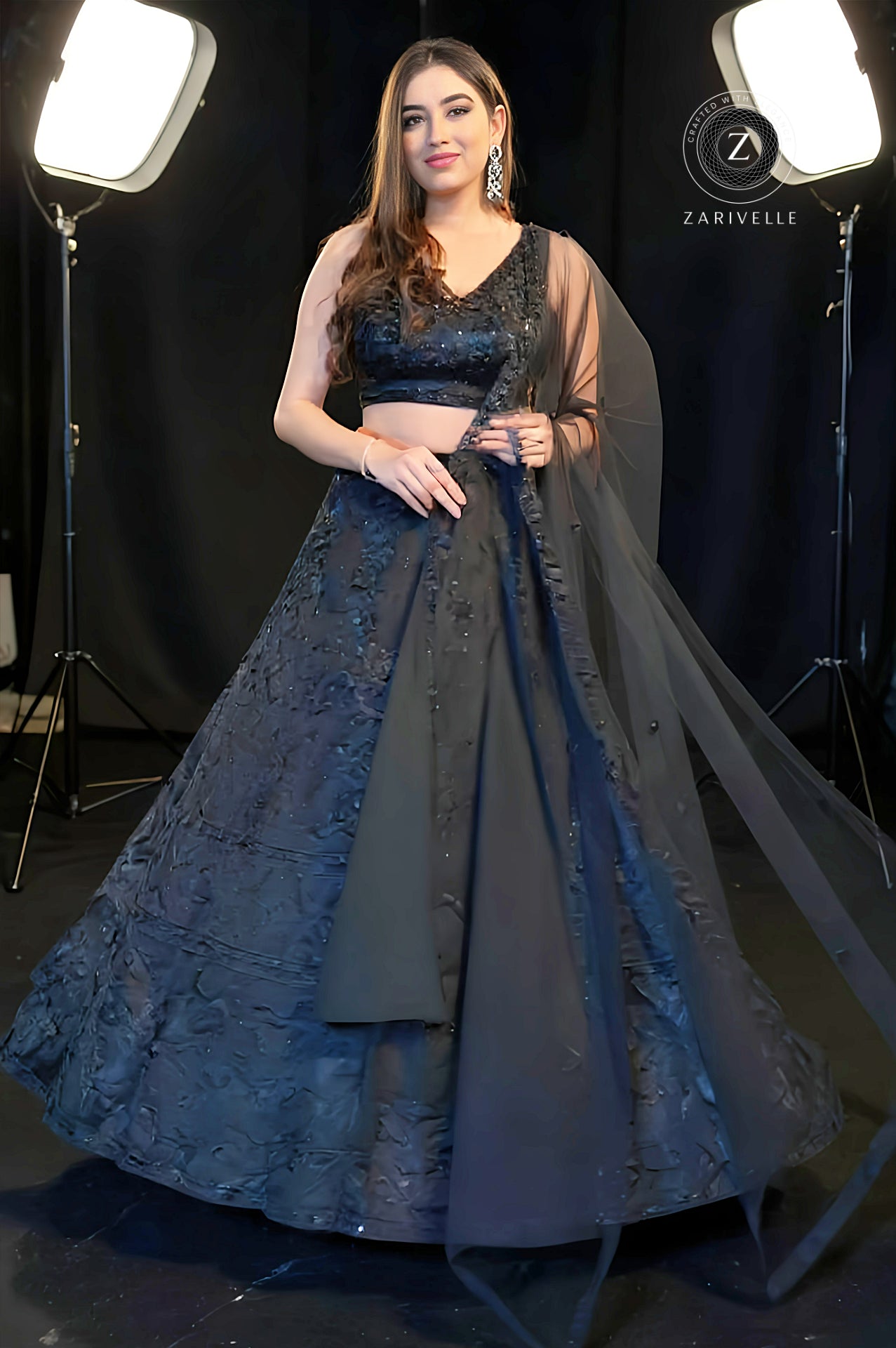 Black Heavy Embroidered Net Lehenga (Front)