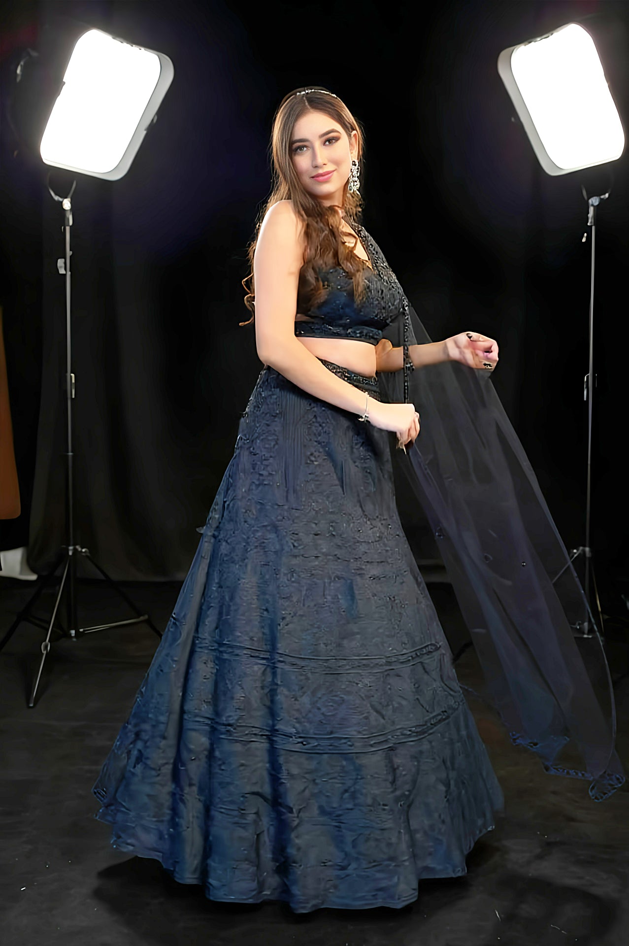 Black Heavy Embroidered Net Lehenga (Side)