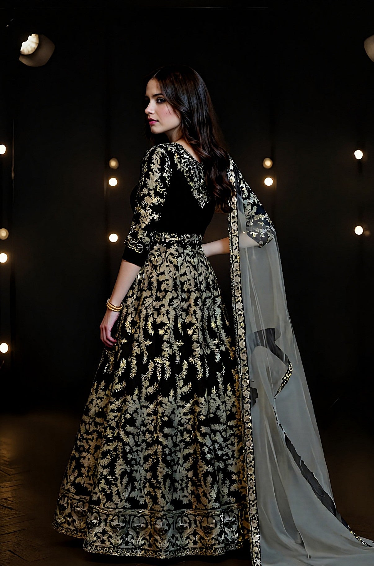 Black Heavy Embroidered Velvet Lehenga (Back)
