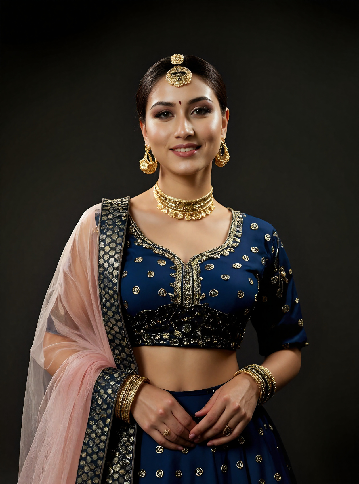 Blue And Pink Embroidered Velvet Lehenga (Close up)