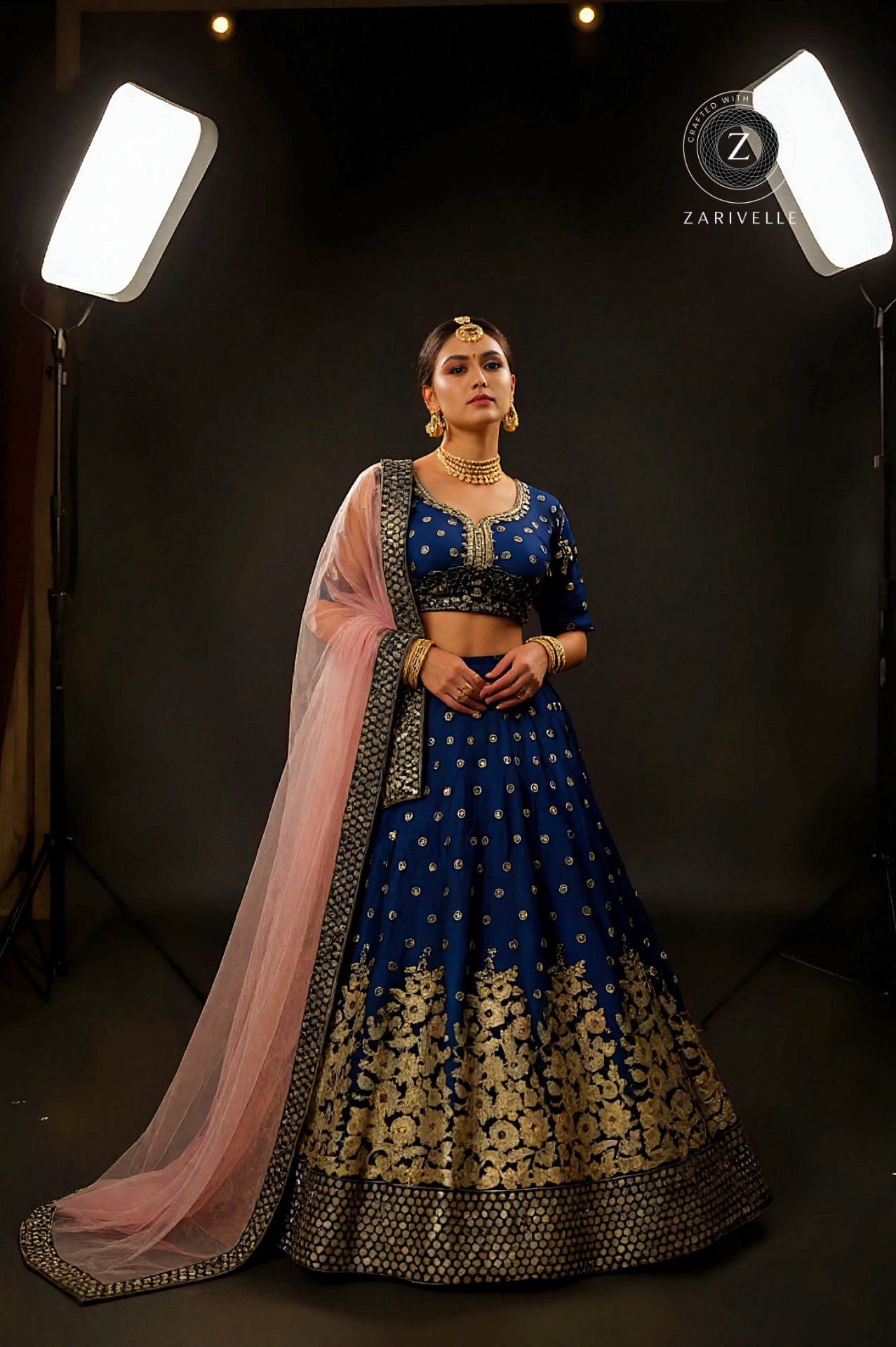 Blue And Pink Embroidered Velvet Lehenga (Front)