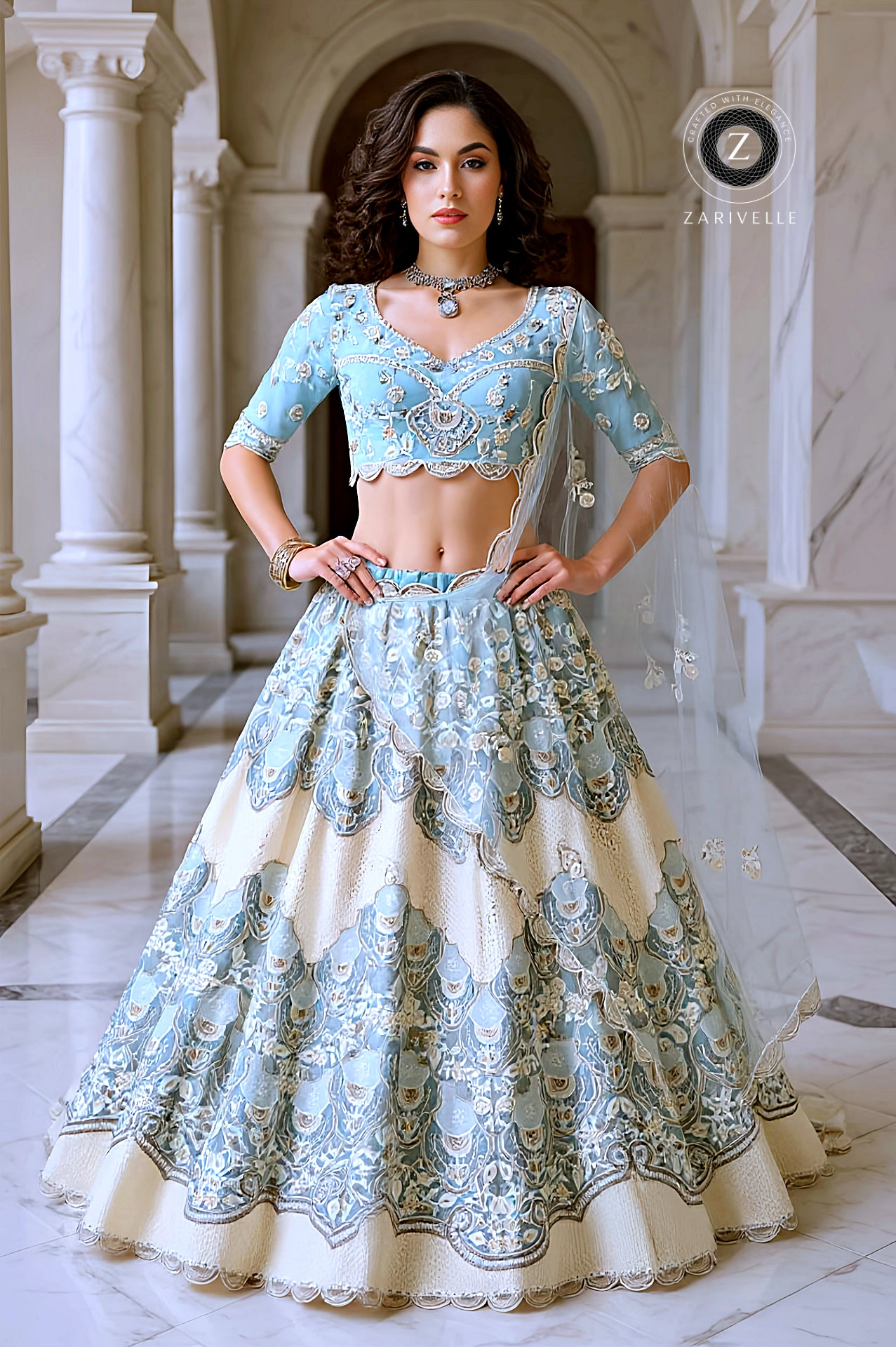 Blue And White Embroidered Premium Georgette Lehenga(1)