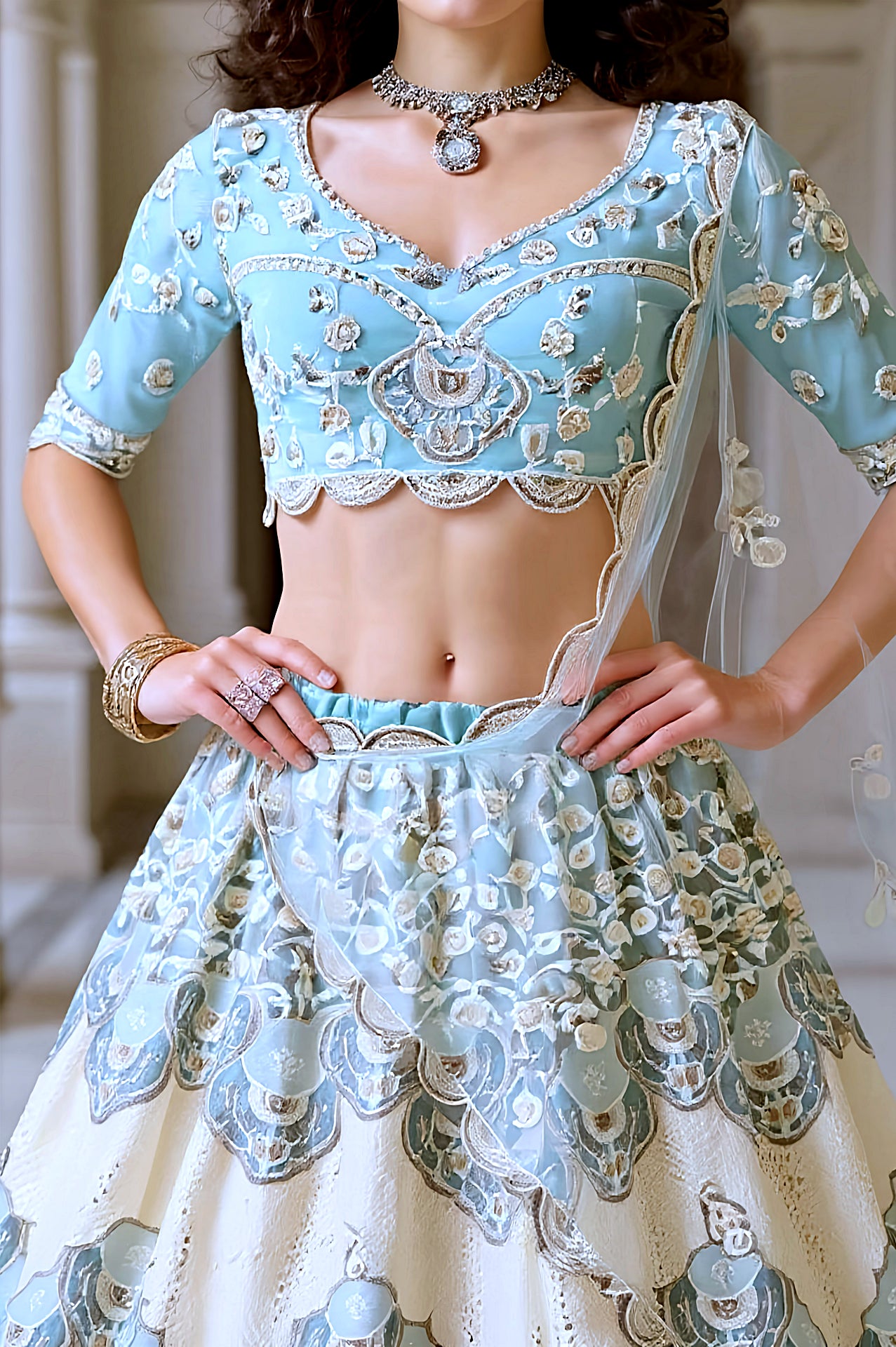 Blue And White Embroidered Premium Georgette Lehenga(2)