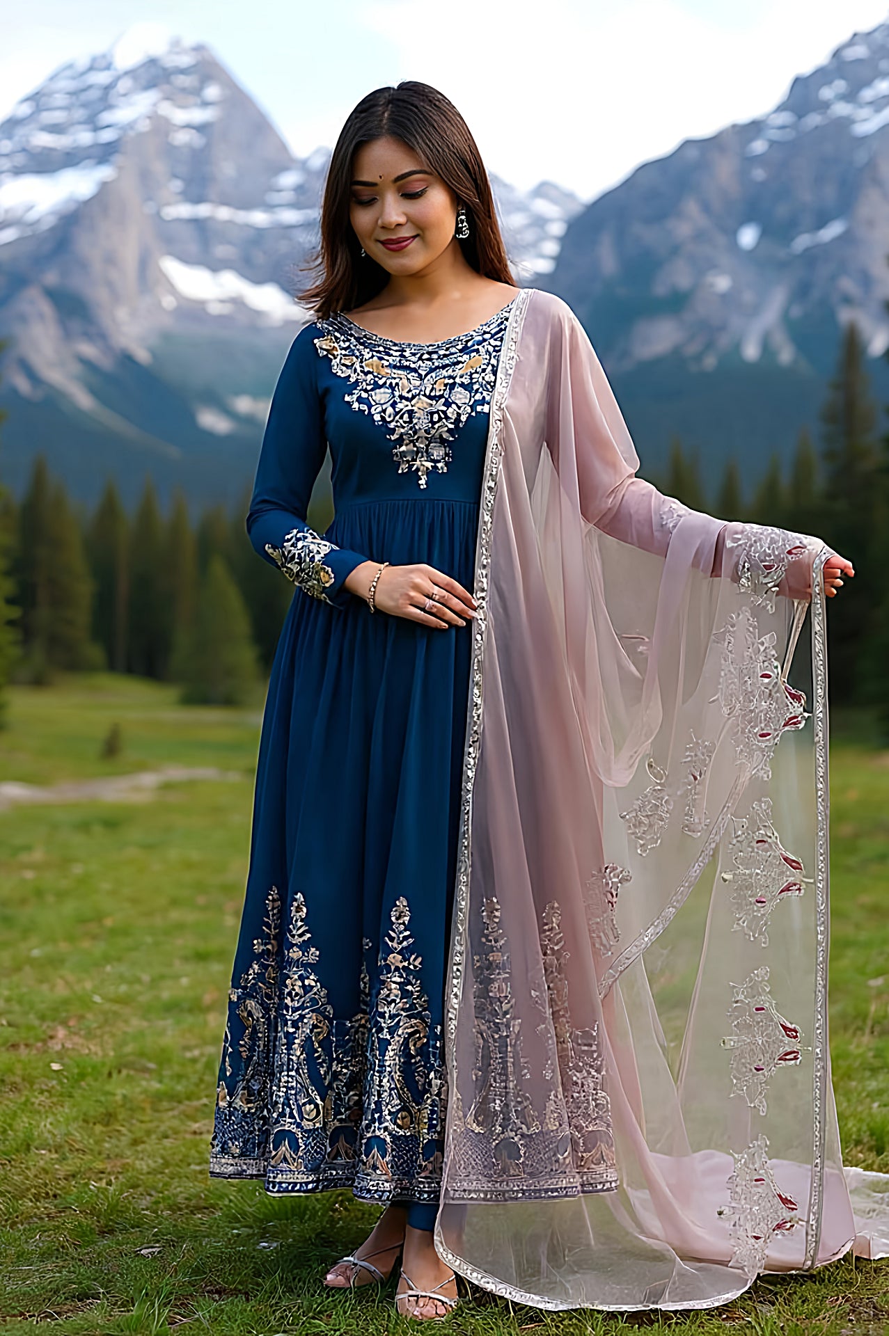 Blue Embroidered Georgette Anarkali Suit (Close up)
