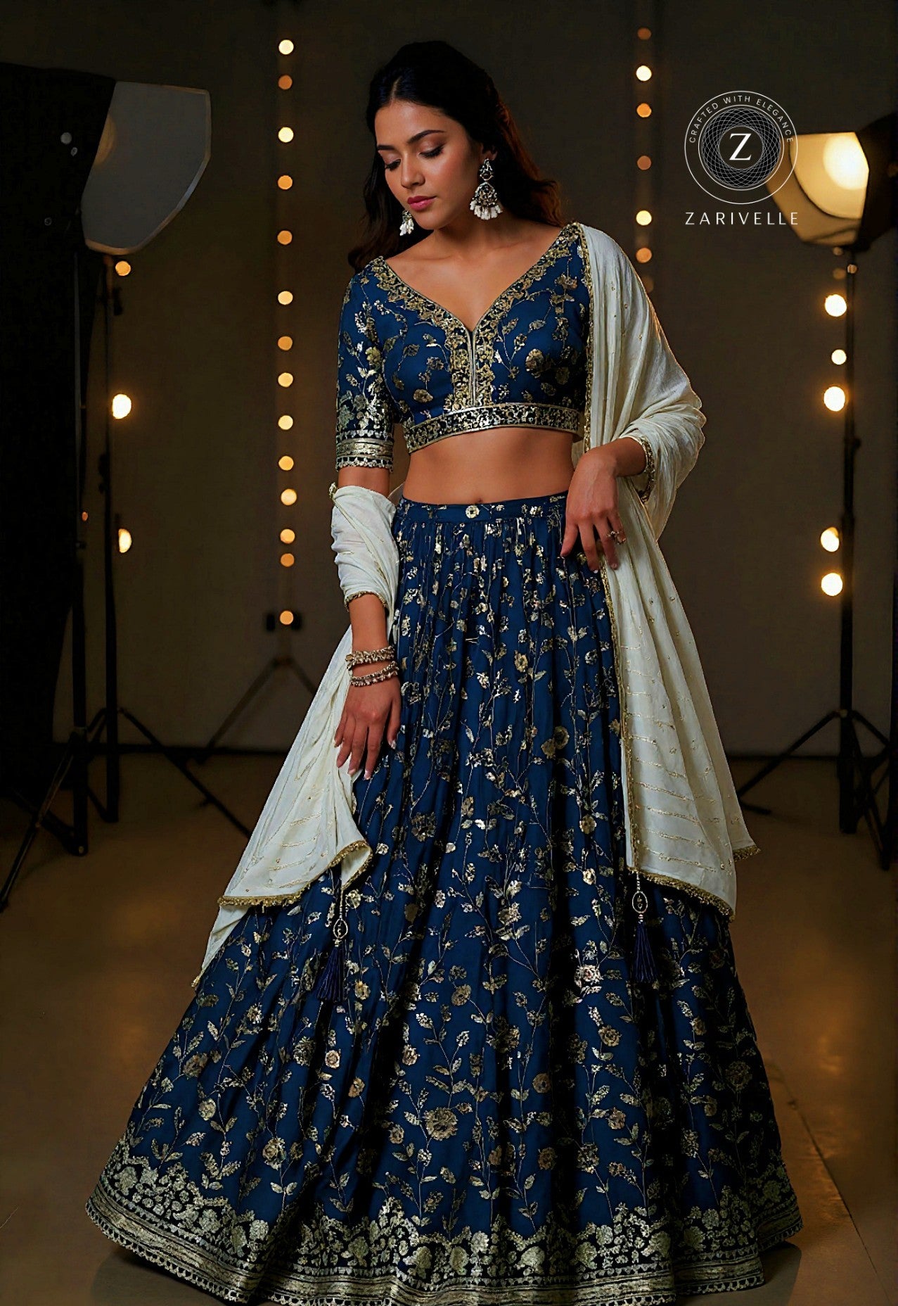 Blue Embroidered Georgette Lehenga (Front)