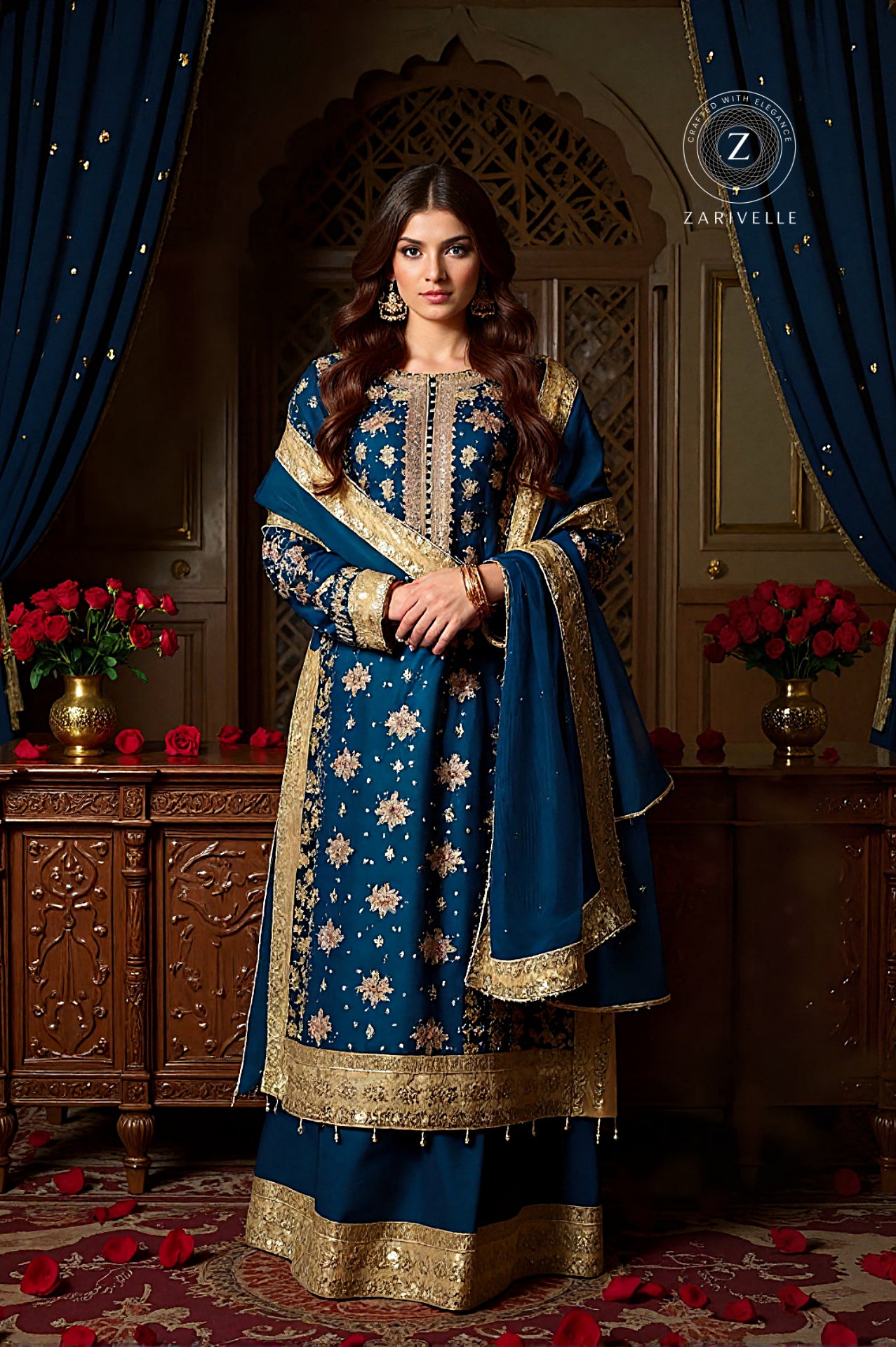 Blue Embroidered Georgette Sharara Suit (Front)