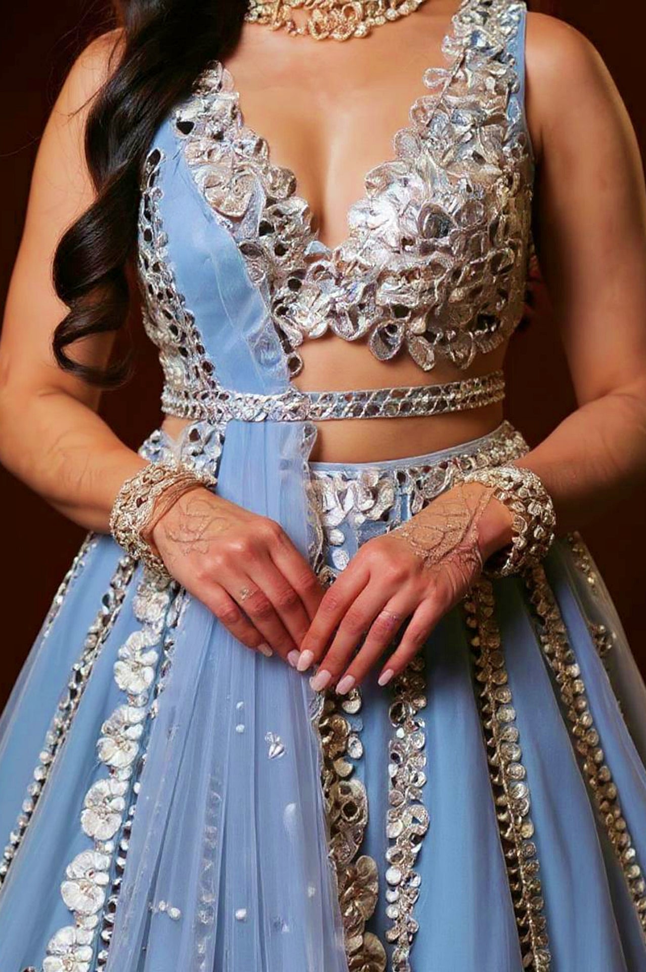 Blue Embroidered Net Lehenga (Close up)