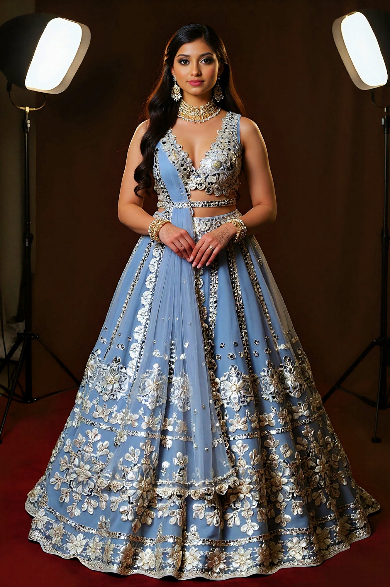 Blue Embroidered Net Lehenga (Front)