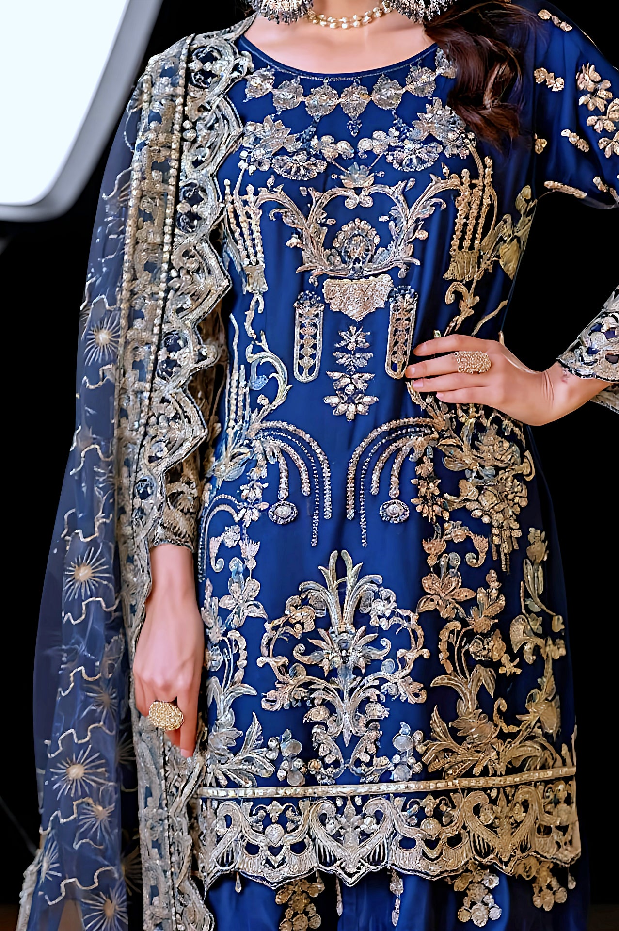 Blue Heavy Embroidered Silk Sharara Suit (Close up)
