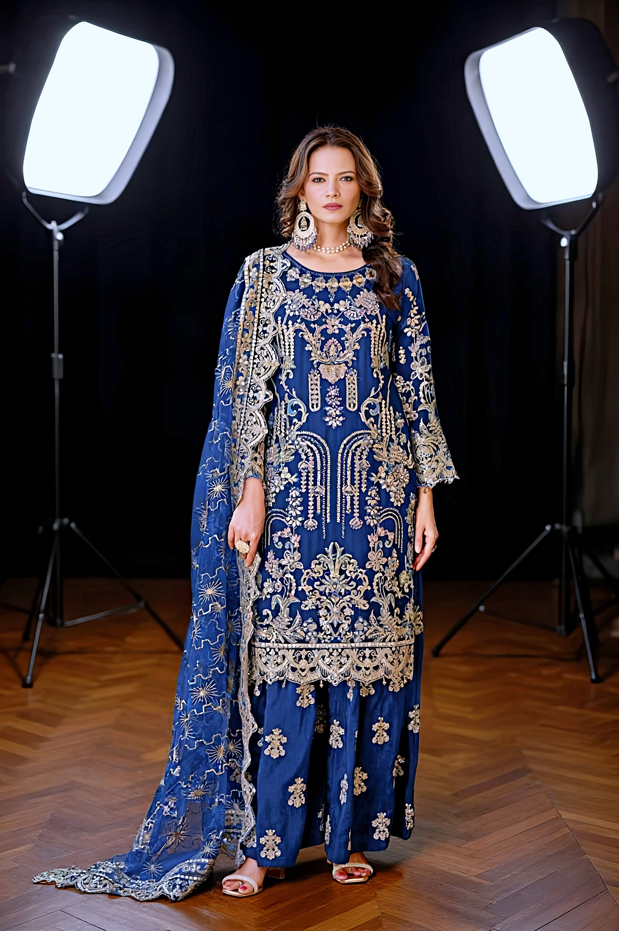 Blue Heavy Embroidered Silk Sharara Suit (Side)