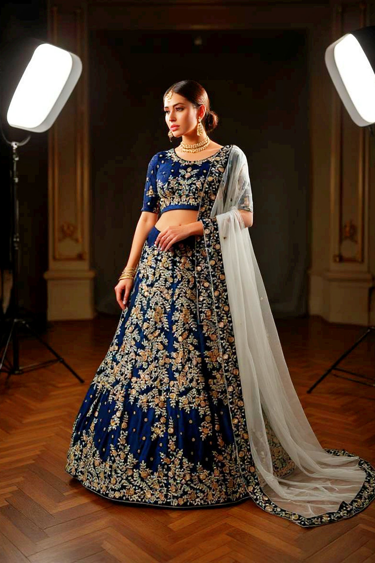 Blue Heavy Embroidered Velvet Lehenga (Full)