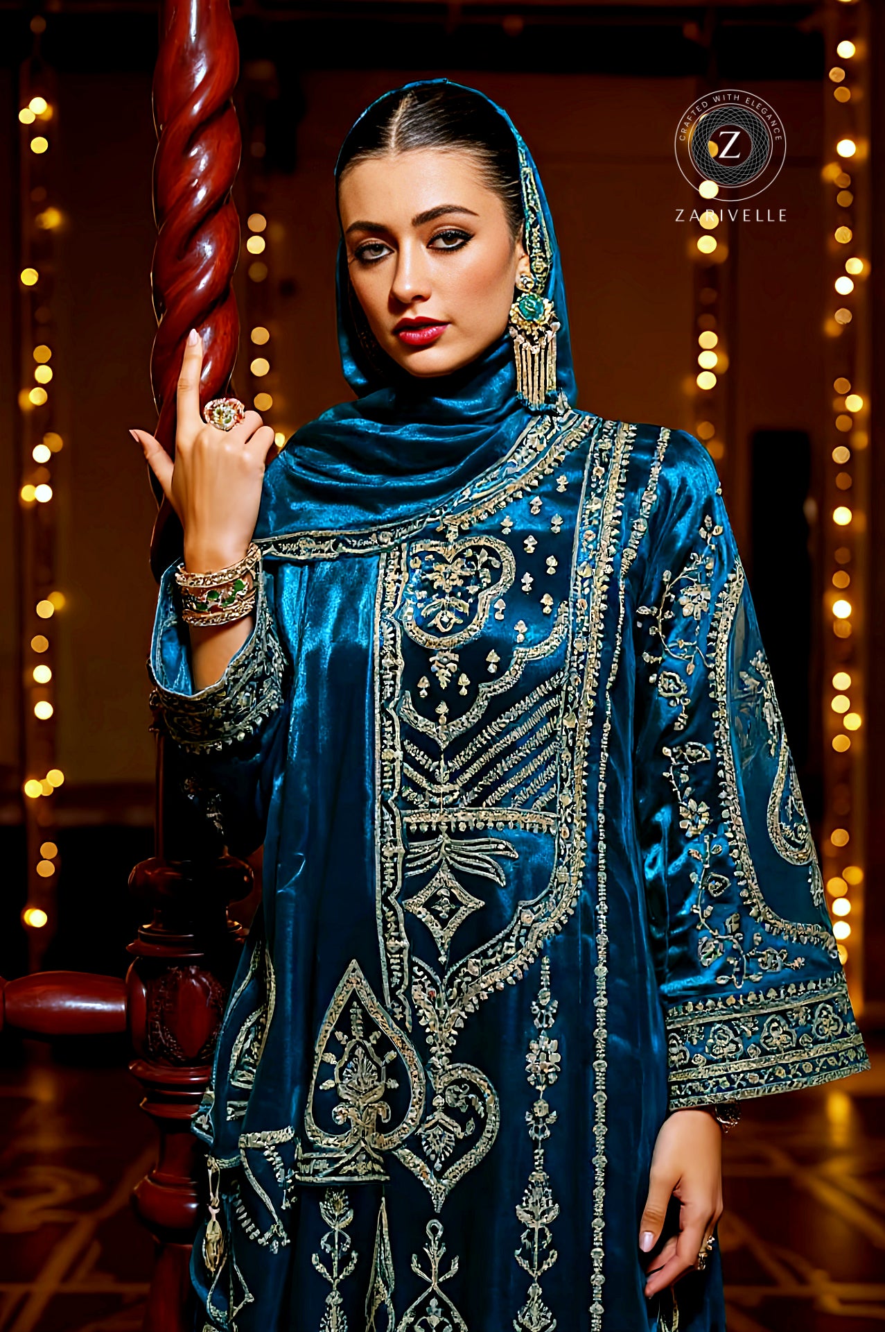 Blue Heavy Embroidered Velvet Straight Suit (Close up)