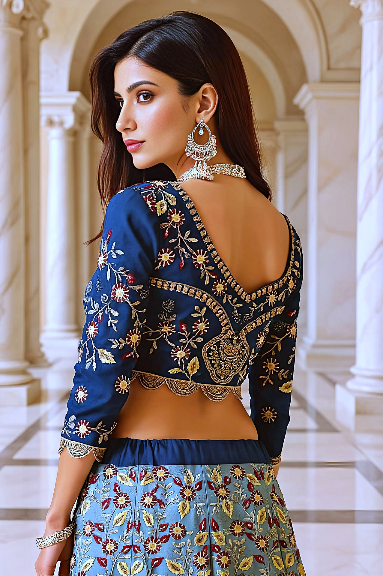 Blue Multicolor Embroidered Designer Silk Lehenga (Back)