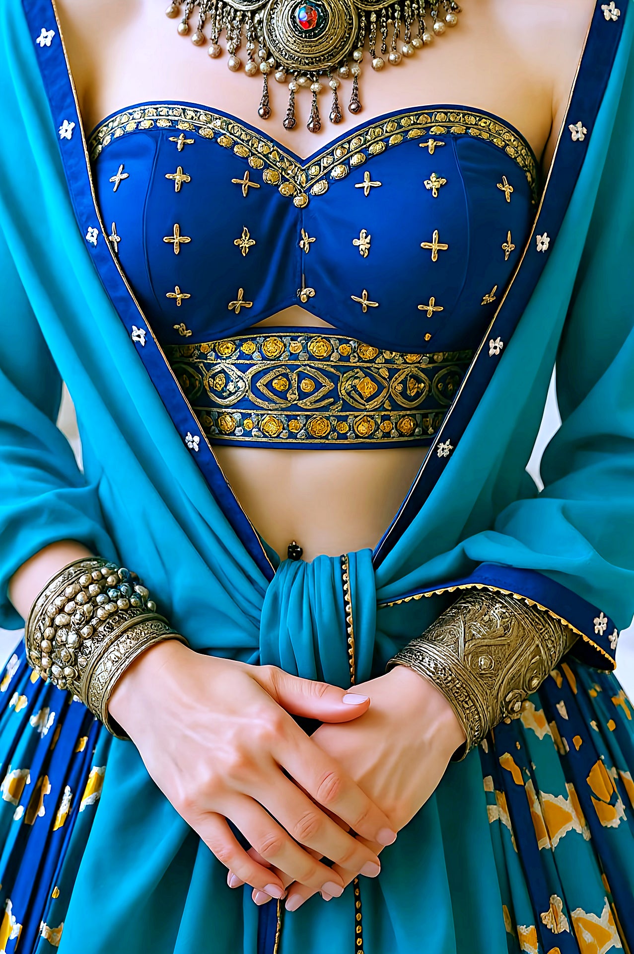 Blue Multicolor Embroidered Silk Designer Lehenga (Close up)