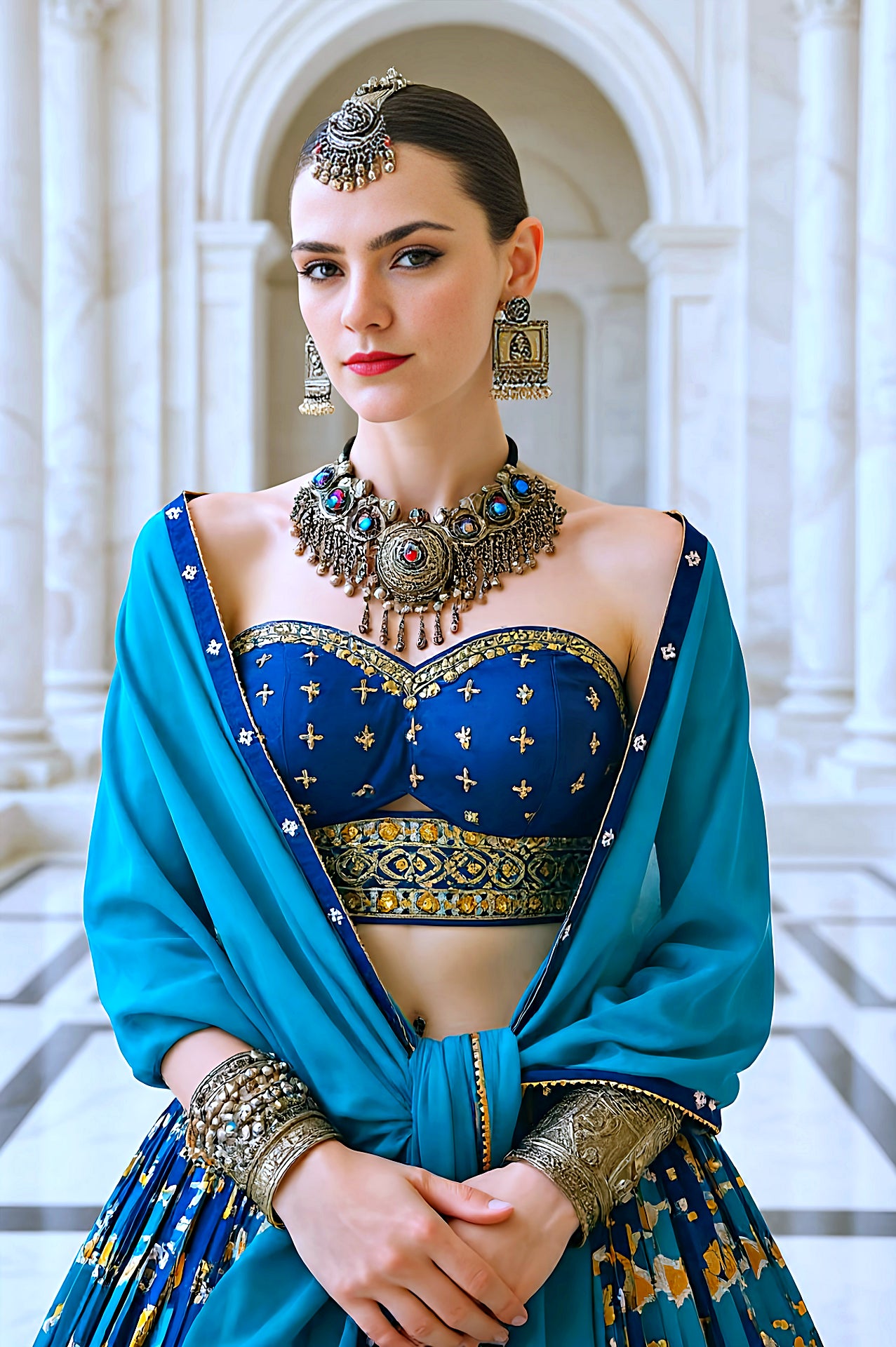 Blue Multicolor Embroidered Silk Designer Lehenga (Side)