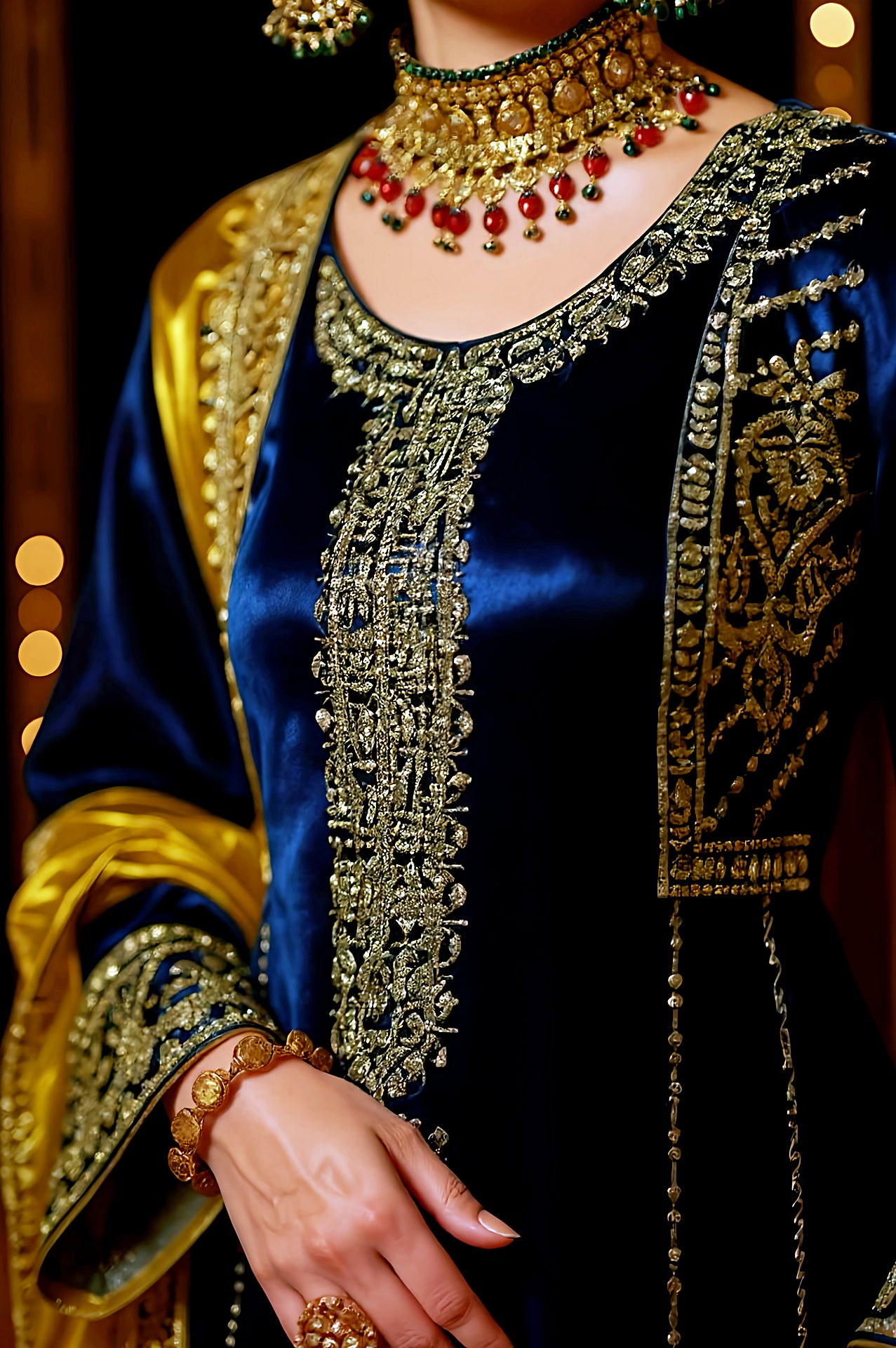 Blue Multicolor Embroidered Velvet Straight Suit (Close)