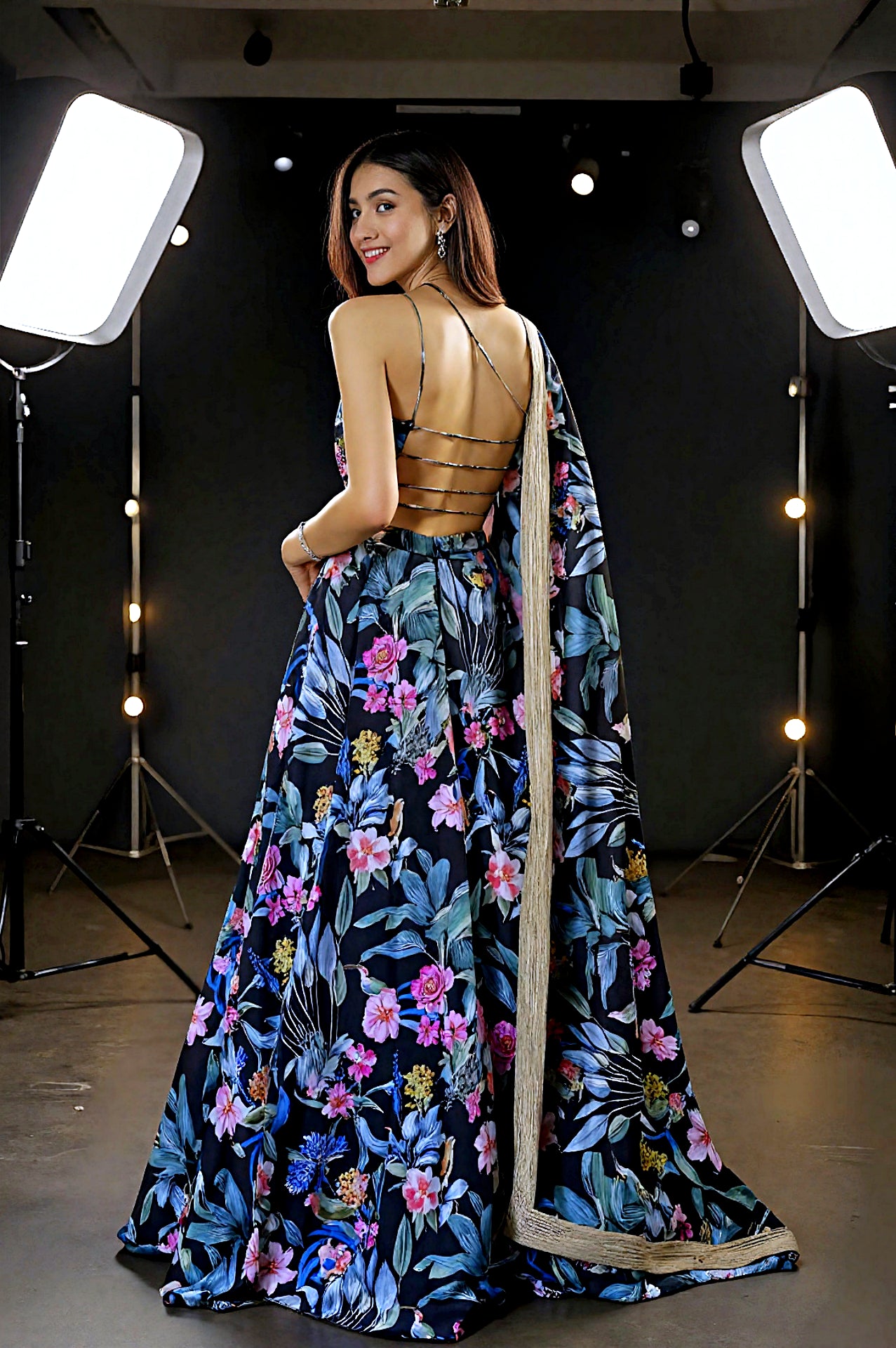 Blue Multicolor Printed Georgette Lehenga (Back)