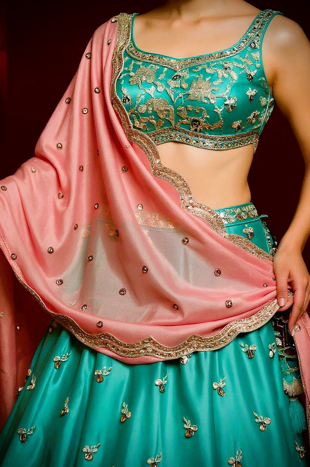 Blue and Pink Embroidered Satin Silk Lehenga (Closeup View)