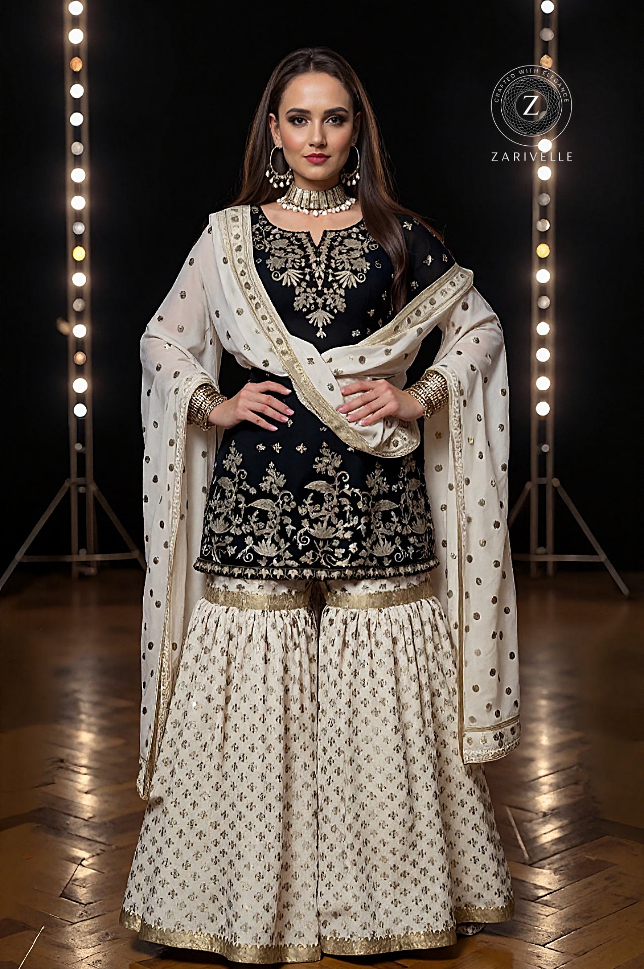 Blue and White Georgette Sharara Palazzo Suit (Front)