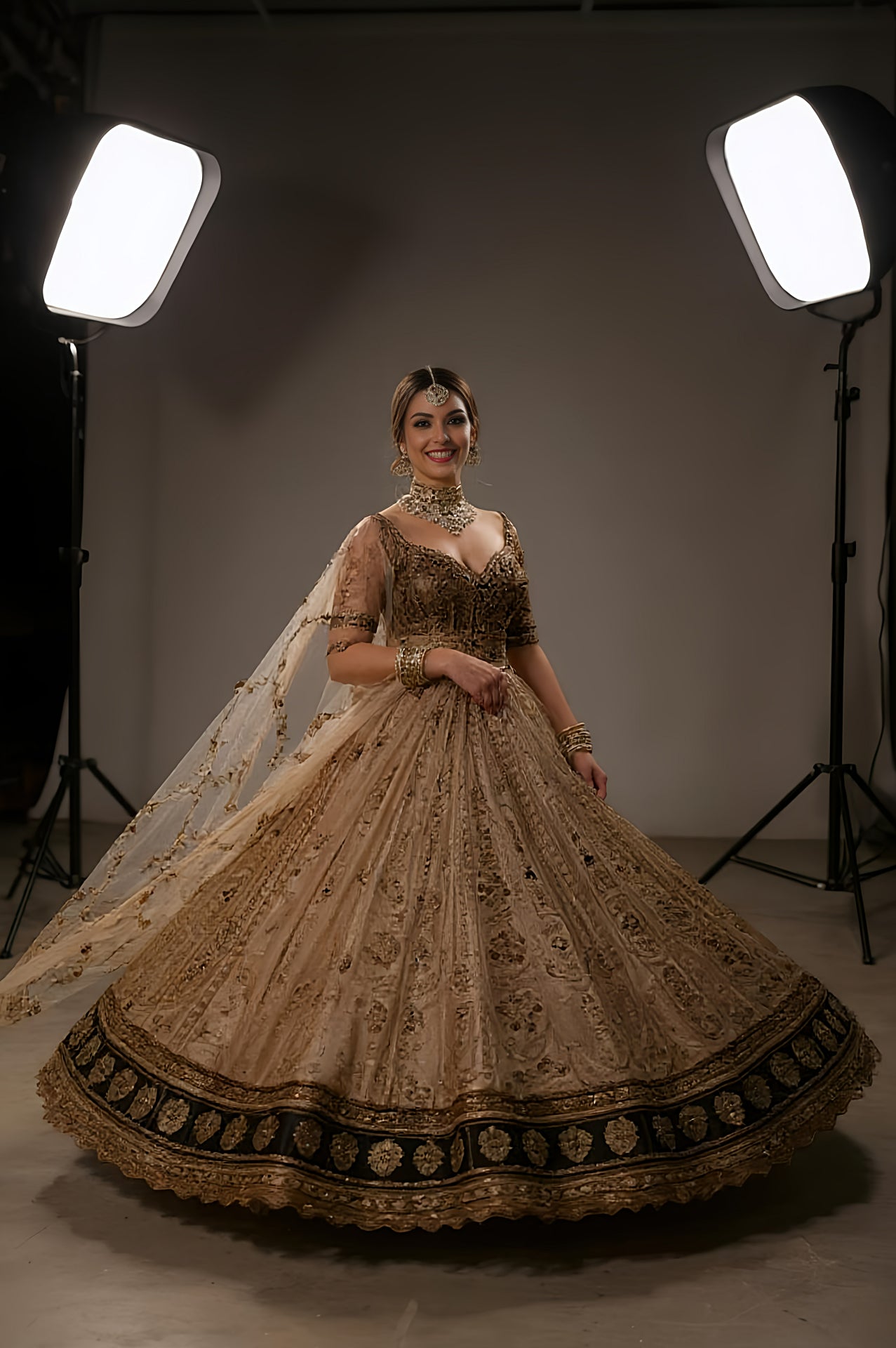 Brown Embroidered Silk Lehenga (Side)