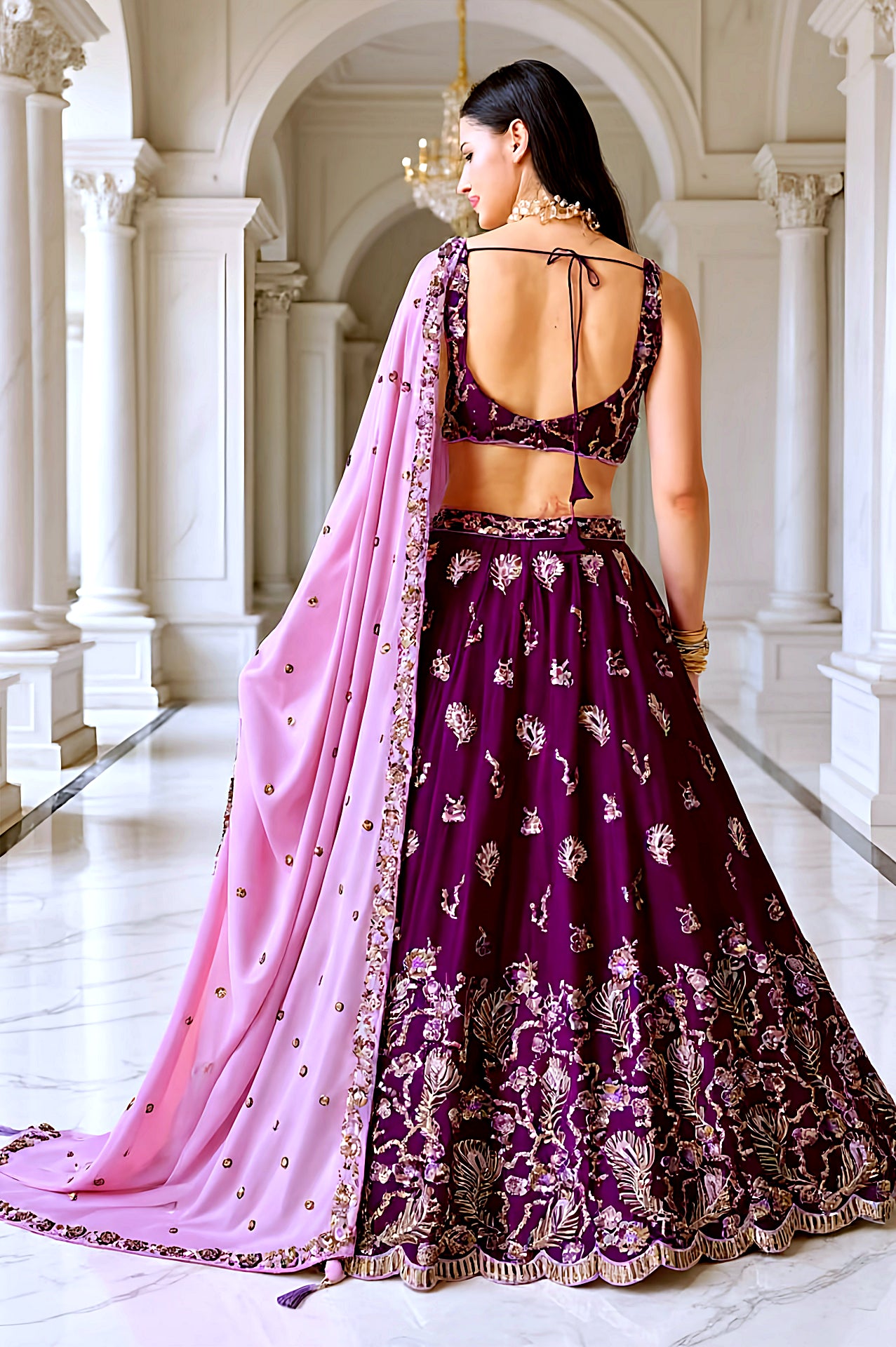 Burgundy Embroidered Georgette Lehenga (Back)