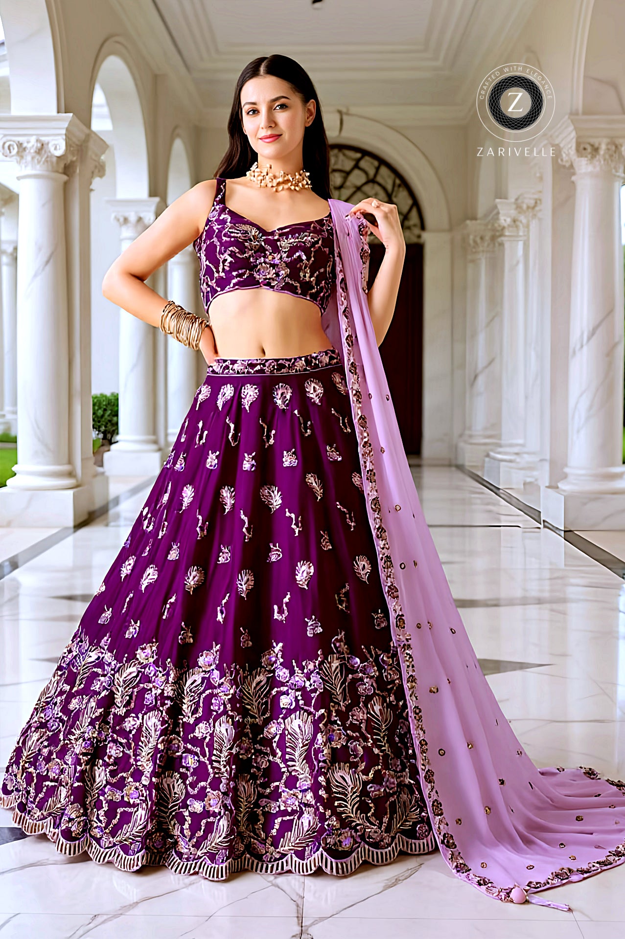 Burgundy Embroidered Georgette Lehenga (Front)